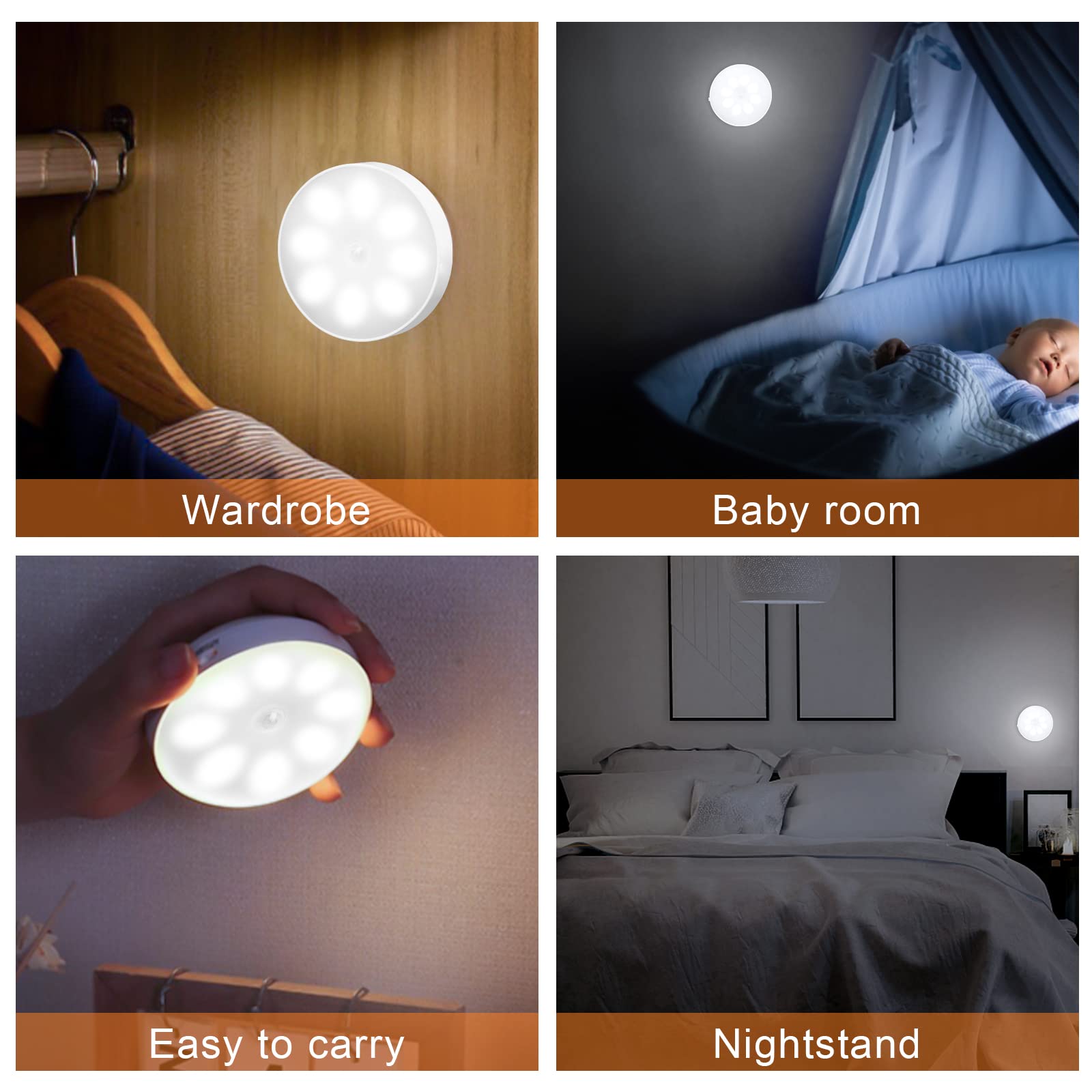 KEWUZY 6-pack Luz Nocturna Sensor Movimiento Recargable por USB, de Armario, 8 LED, 3 Modos (Auto/On/Off) para Armarios, Pasillo, Escalera, Sótano, Garaje(Blanco Frío)