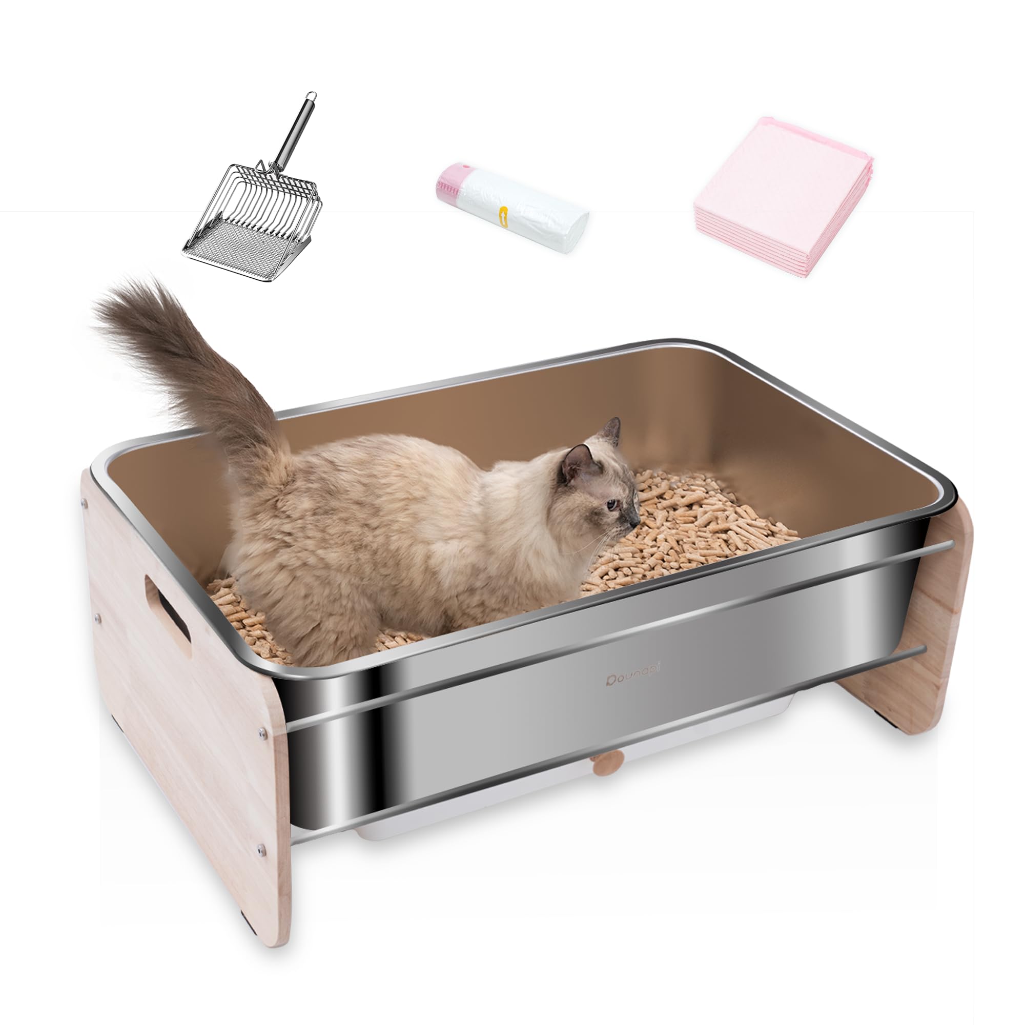 Stainless Steel Sifting Litter Box for Pine Pellet Cat Litter Non Clumping Litter System with Dust Collecting Drawer and Wooden Side Pandel