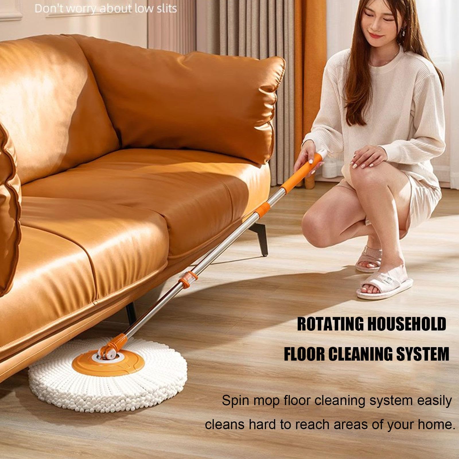 AMNOOL Juego de Limpieza de Piso con Cubo y Fregona Giratoria con 5 Recambios de Almohadillas para Fregona | Fregona Autolimpiante Seca/húmeda | para Madera Dura, Madera, Laminado, Azulejos,Orange