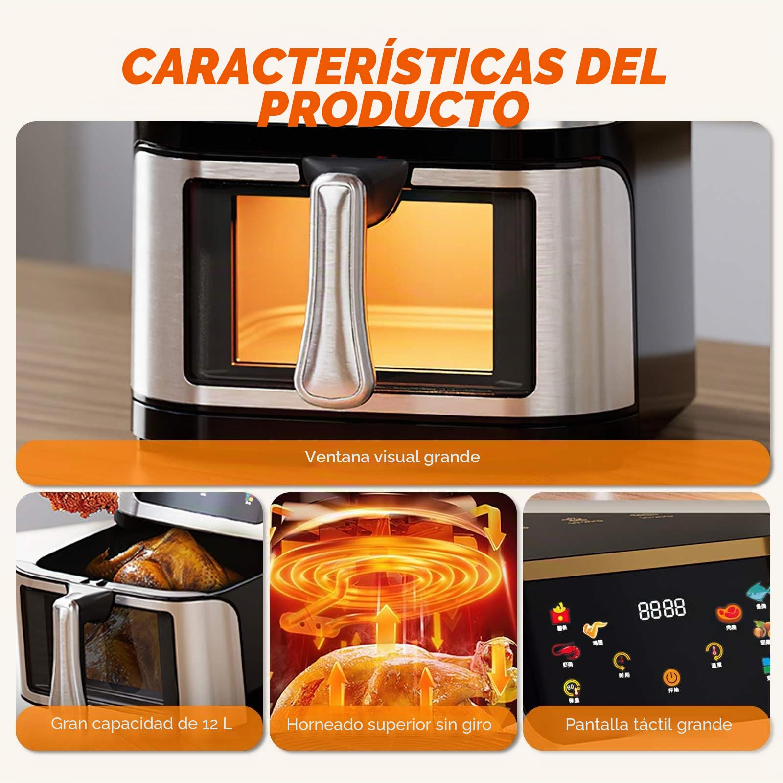 Air Fryer 12L,Freidora de aire con ventana de visualización,Pantalla táctil digital,Menos grasa,Circulación de aire caliente,Menús Preprogramados Saludables,Cocción rápida a alta temperatura de 210℃