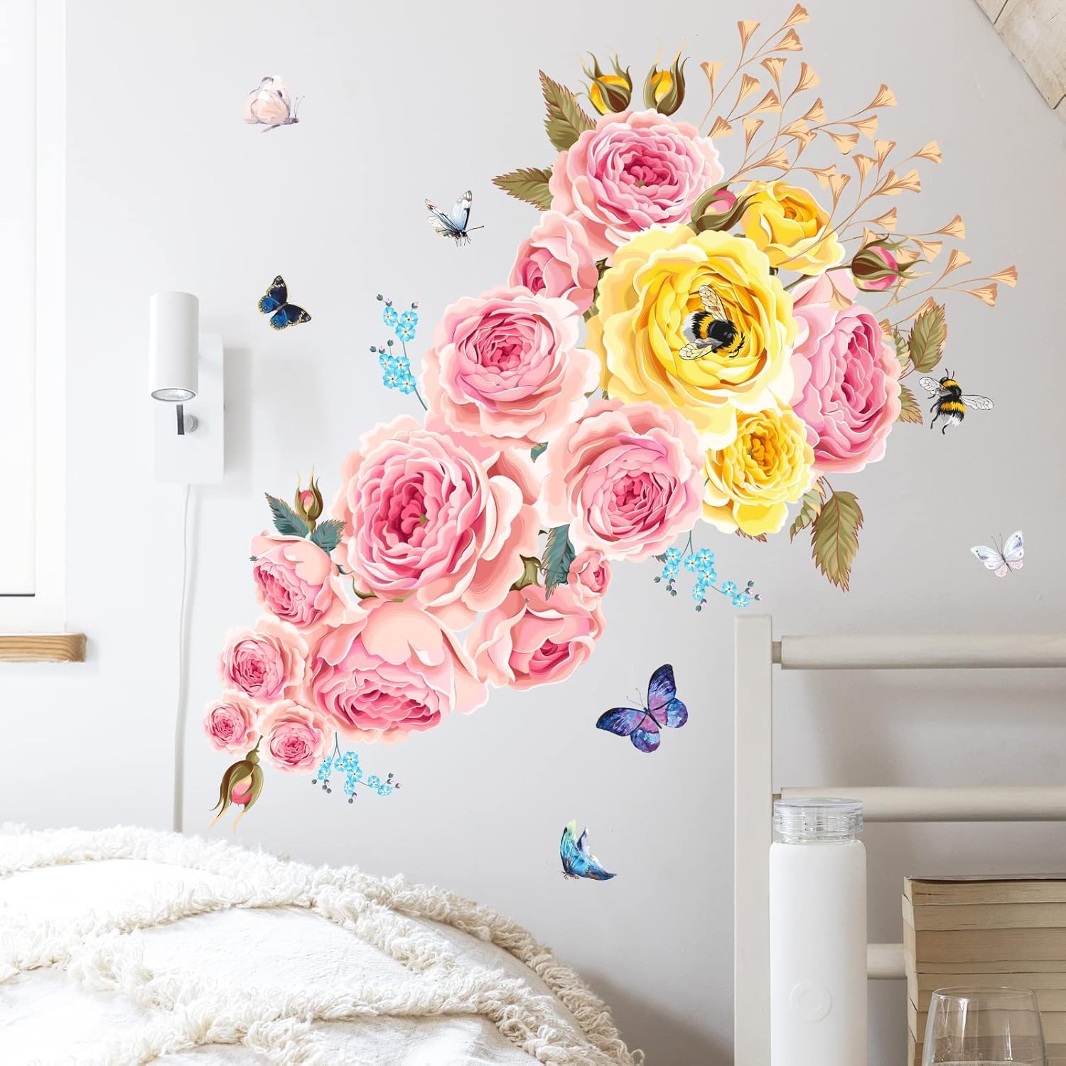 Pink Rose Wall Decals Watercolor Floral Wall Stickers Spring Large Roses Butterfly Flower Art Decal Delicate Peel and Stick Sticker for Living Bedroom TV Back Wallpaper Decoration
