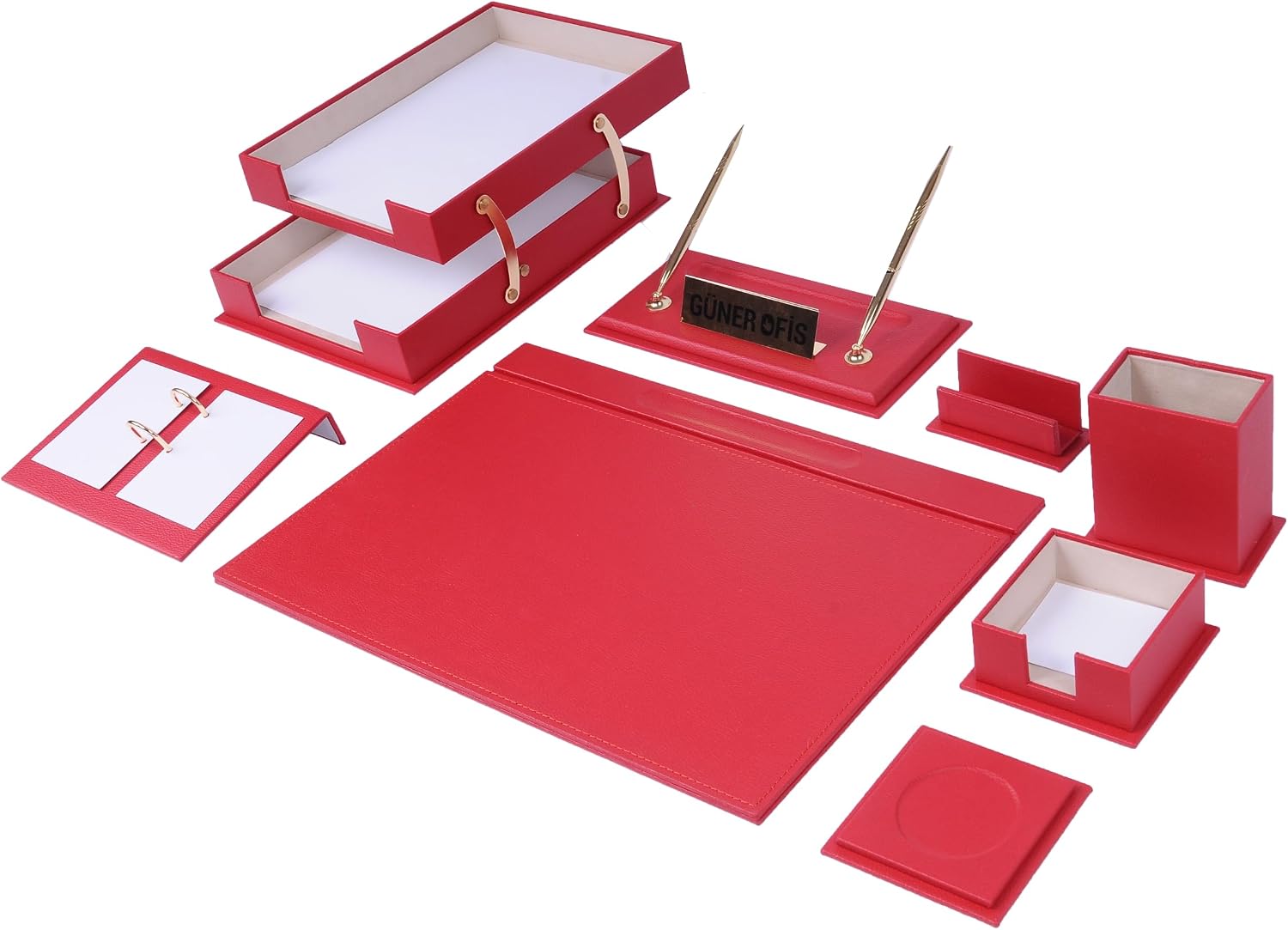 Luxury Leather Office Desk Organizer – 10-Piece Executive Office Accessories for Professionals, Handmade Organizer with Desk Pad, Pen Holder, Document Tray (Red)