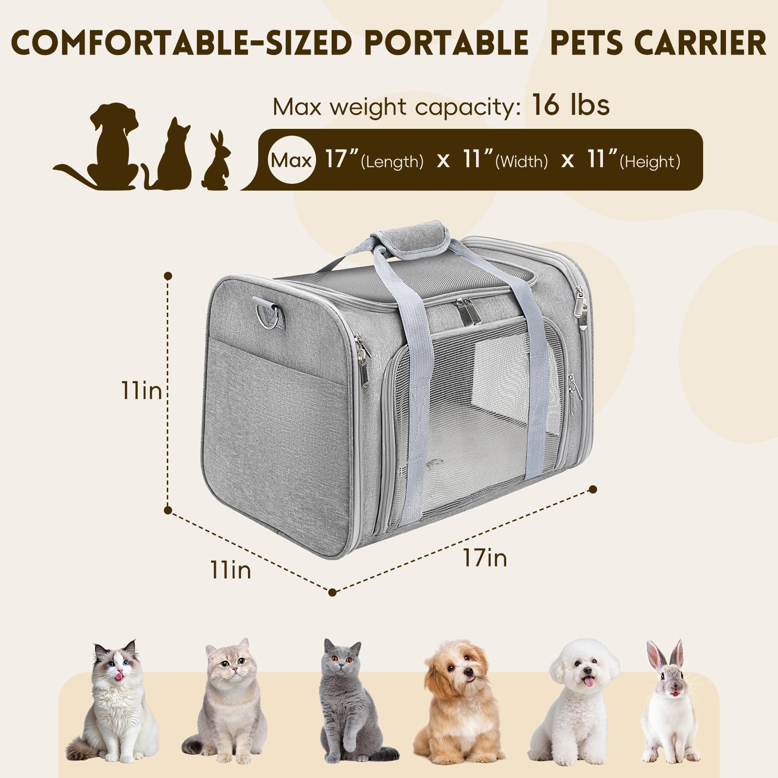Cat Carrier Soft, Dog Carriers for Small Dogs/Large Cats (Up to 16lbs), with High Breathability, Shoulder Strap, Removable Pad, Pet Carrier Airline Approved, for Home Outdoor Travel (Gray) - 2