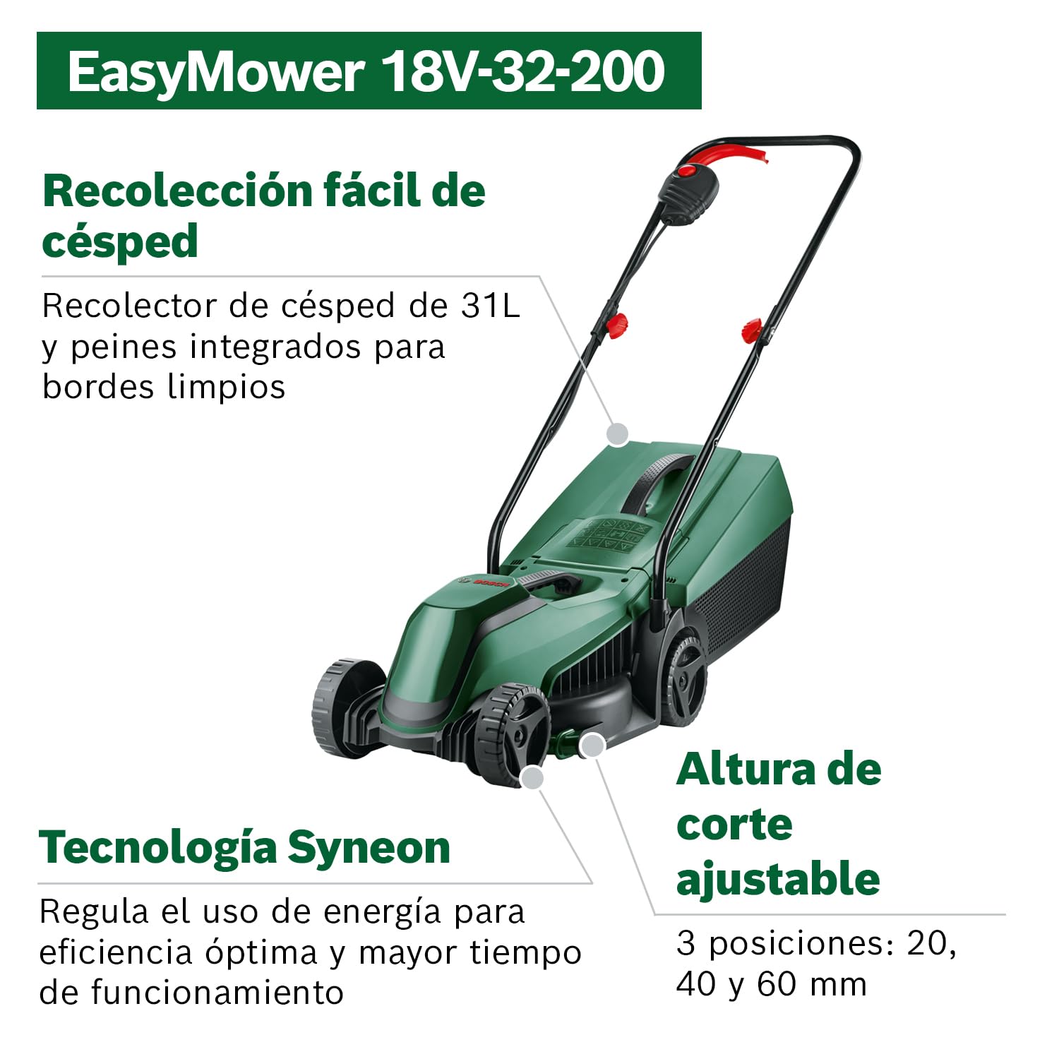 Bosch cortacésped a batería EasyMower 18V-32-200 | 1 batería de 4,0 Ah, sistema 18 V, anchura de corte: 32 cm