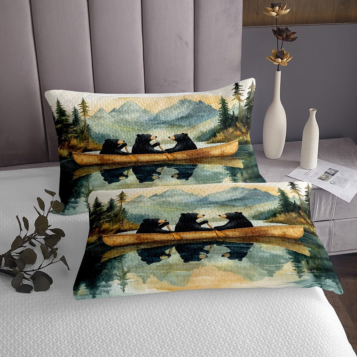 Bear Family Kids Bedspread Twin Size,Boating Paddle Mountain Lake House Fishing Coverlet Set,Boys Girls Room Decor,Hunt Animal Adventure Quilted Coverlet,Green Rustic Bedding Quilt,1 Pillowcase