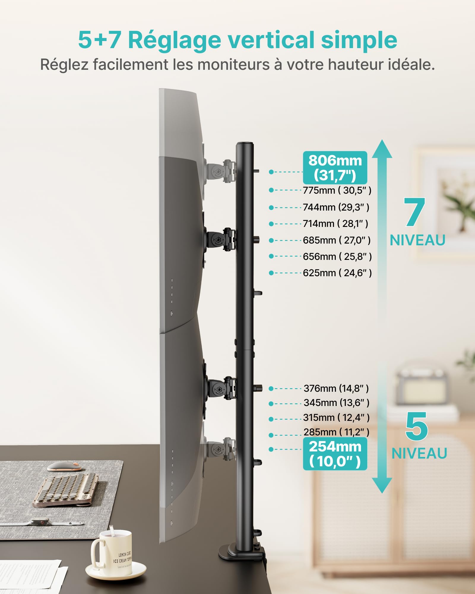 PEGZONE Support double écran pour écrans de 13–34 pouces, bras de moniteur vertical avec deux options de montage, support double réglable en hauteur, VESA 75x75/100x100 mm, jusqu'à 15 kg