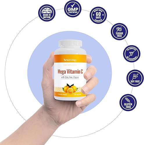 Miniatura 5 de Mega Vitamina C 1000mg Fortificada con Zinc, Hierro y Cobre. Potente impulso del sistema inmunológico. Sin azúcar, sin gluten. Suministro de 2 meses