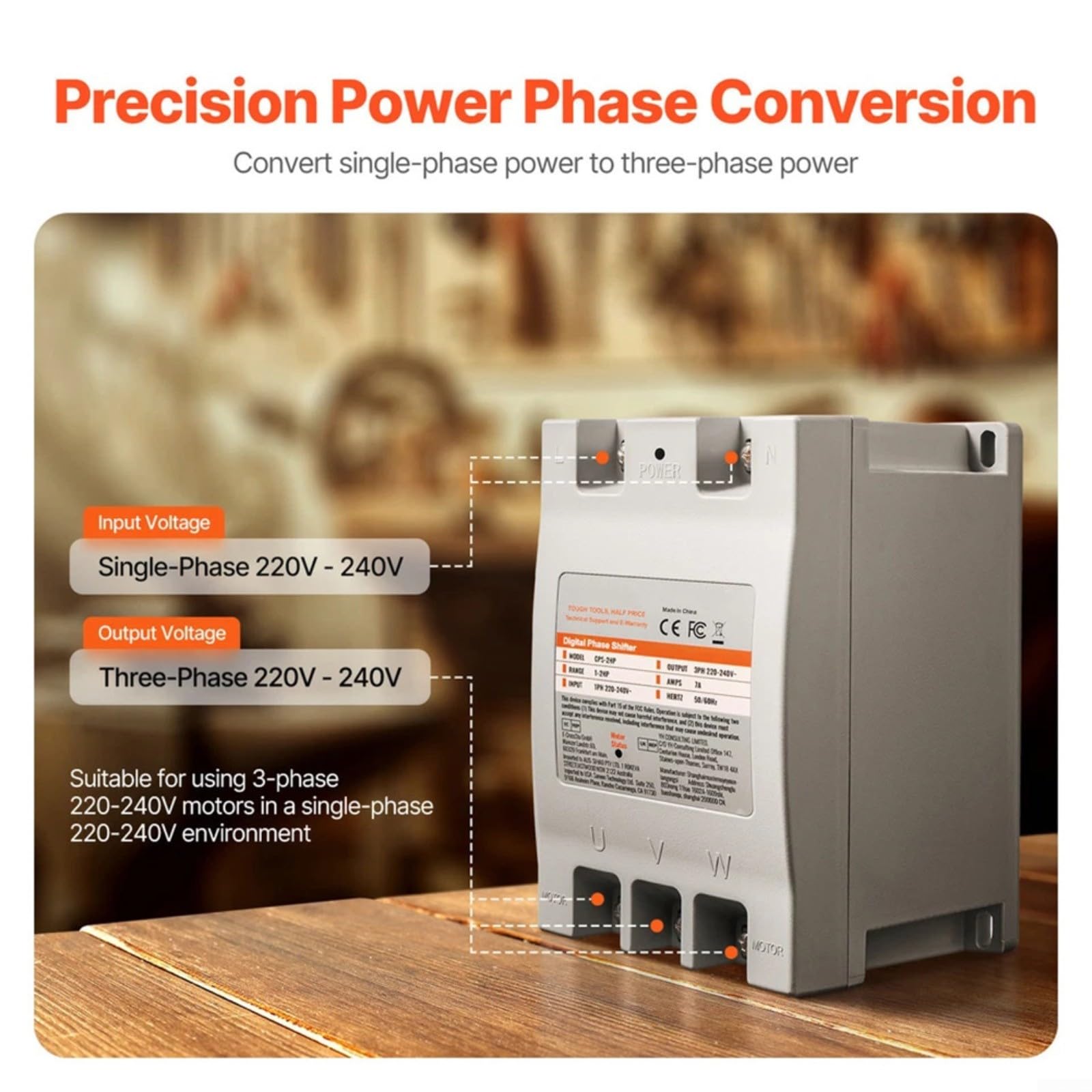 Digitaler Phasenumrichter 2HP 7A, Einphasig auf Dreiphasig 220V-240V Frequenzumrichter für Motoren, Kompakter Drehstromwandler mit Überlastschutz für Werkstatt und Gewerbe, Modell CPS-2HP
