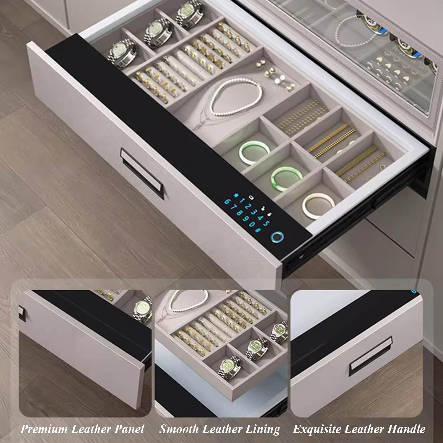 Auto-Open Drawer Safe for Wardrobe, Fingerprint Lock and Digital Keypad Hidden Security Box with Removable Tray and Tempered Glass Panel for Jewelry, Documents, and Cash