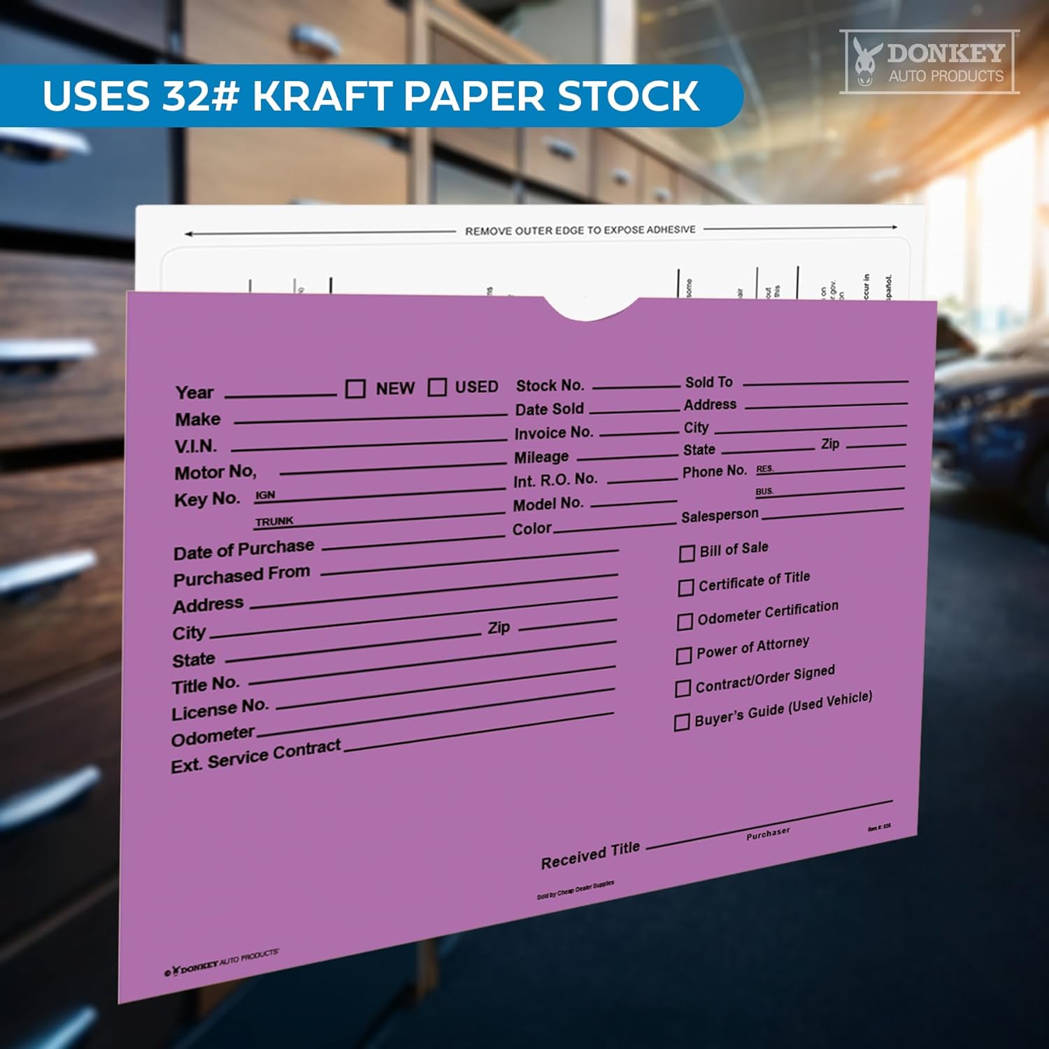 Printed Vehicle Deal Envelopes 9x12 Deal Jackets (100 Shrink Wrapped) (Lavender)