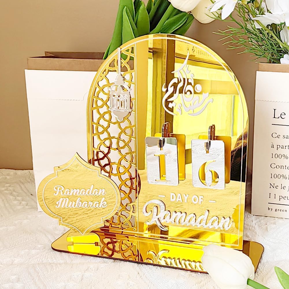 AUTOYSUR Ramadan Calendar Countdown Advent Calendars, Mubarak Advent Calendar, Ramadan Eid DIY Count Down Decorations, Acrylic Countdown Days 30 Days Home Decor,Ramadan Ornament Kids Gift, Gold