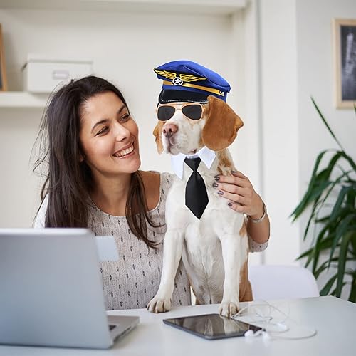Miniatura 7 de Juego de 3 piezas de accesorios para disfraz de capitán de mascota piloto para perro, gato, piloto, sombrero formal, corbata, collar de piloto,