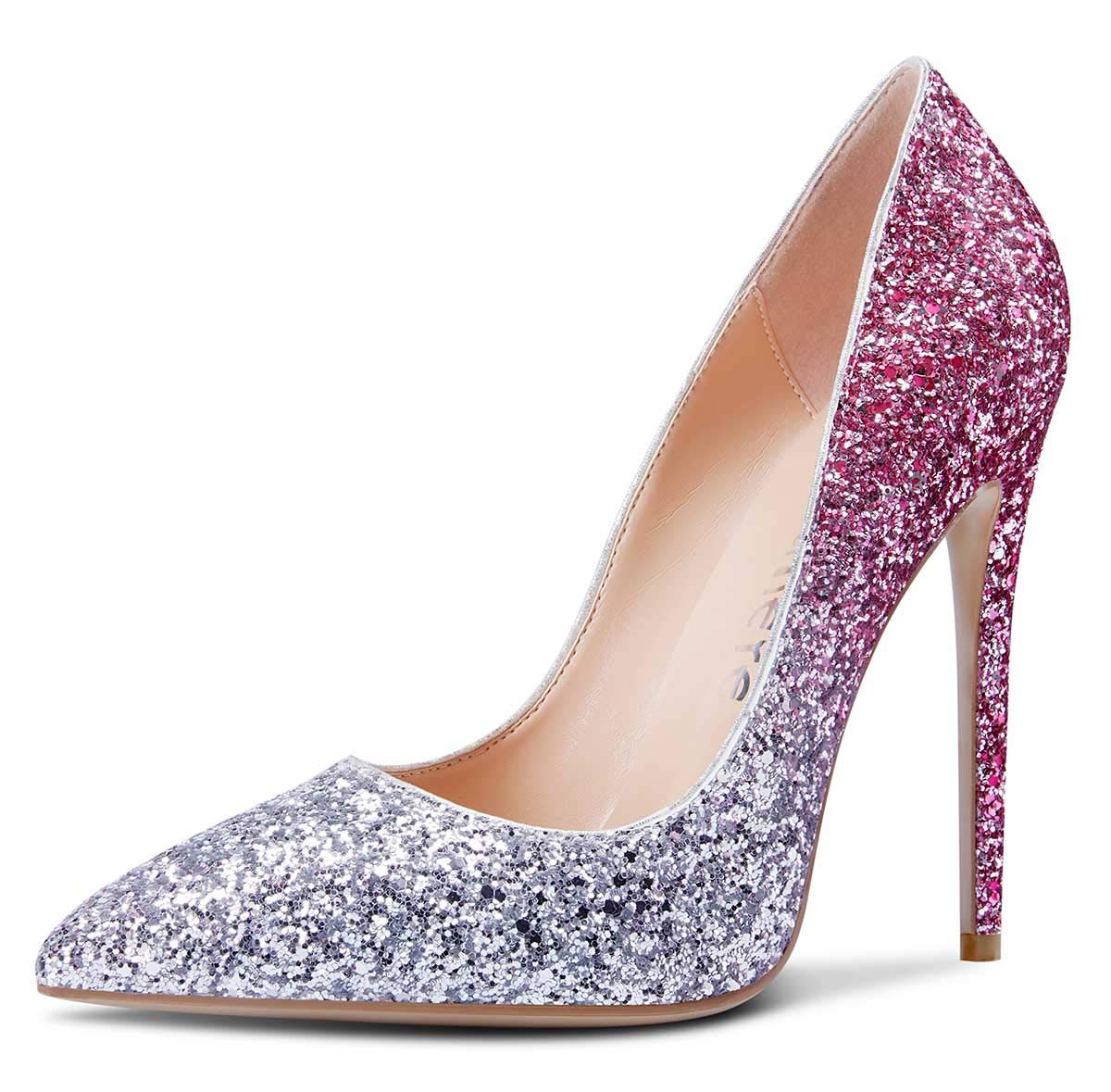 Castamere Womens Sky High Heels Basic Pumps Pointed-Toe Slip-On Stilettos 12CM Heel Shoes, Pink Glitter, 10
