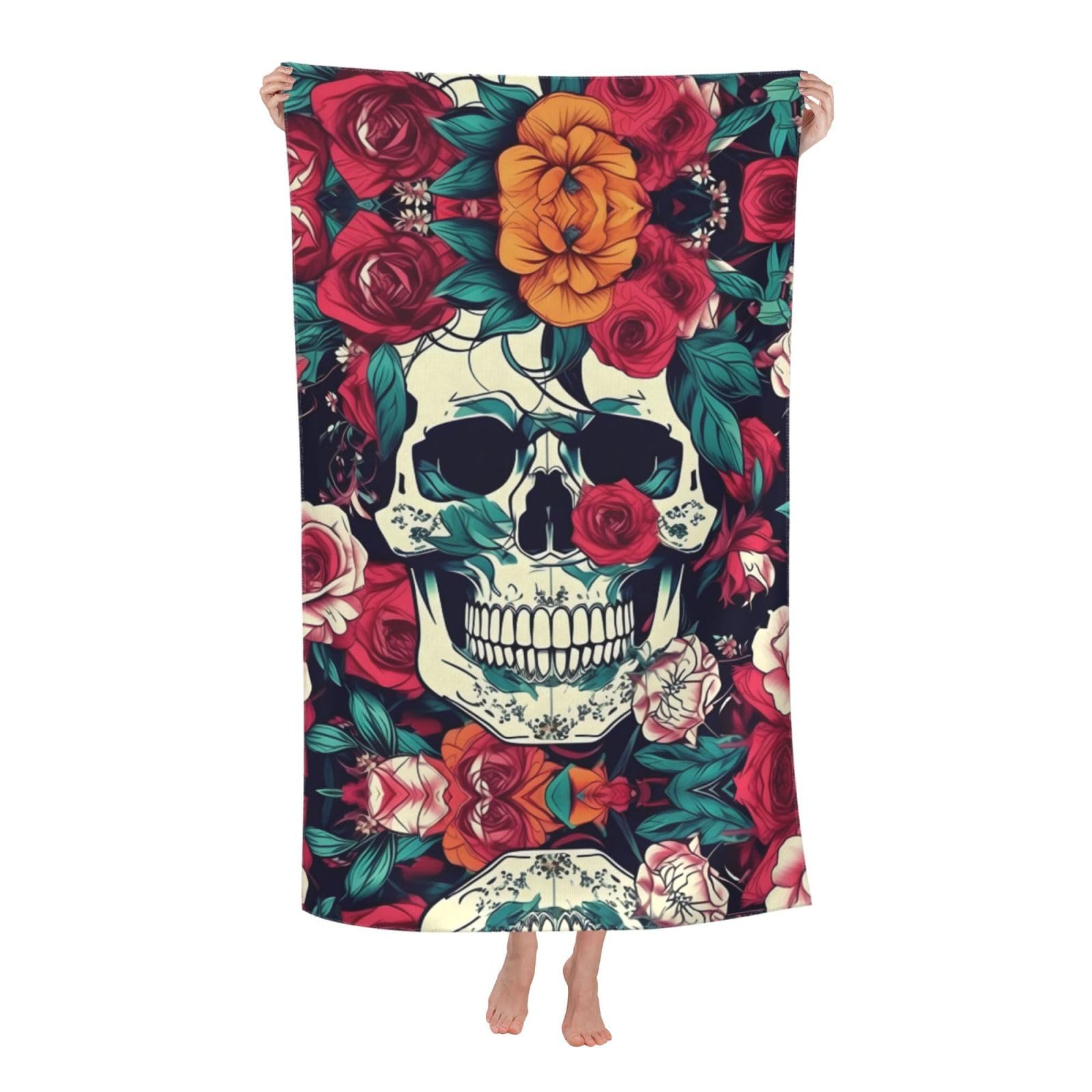 KPXXAQT Flowers Skull Ornamental Print Oversized Adult Beach Towel Quick-Dry Travel Swimming Camping Outdoor Adventures