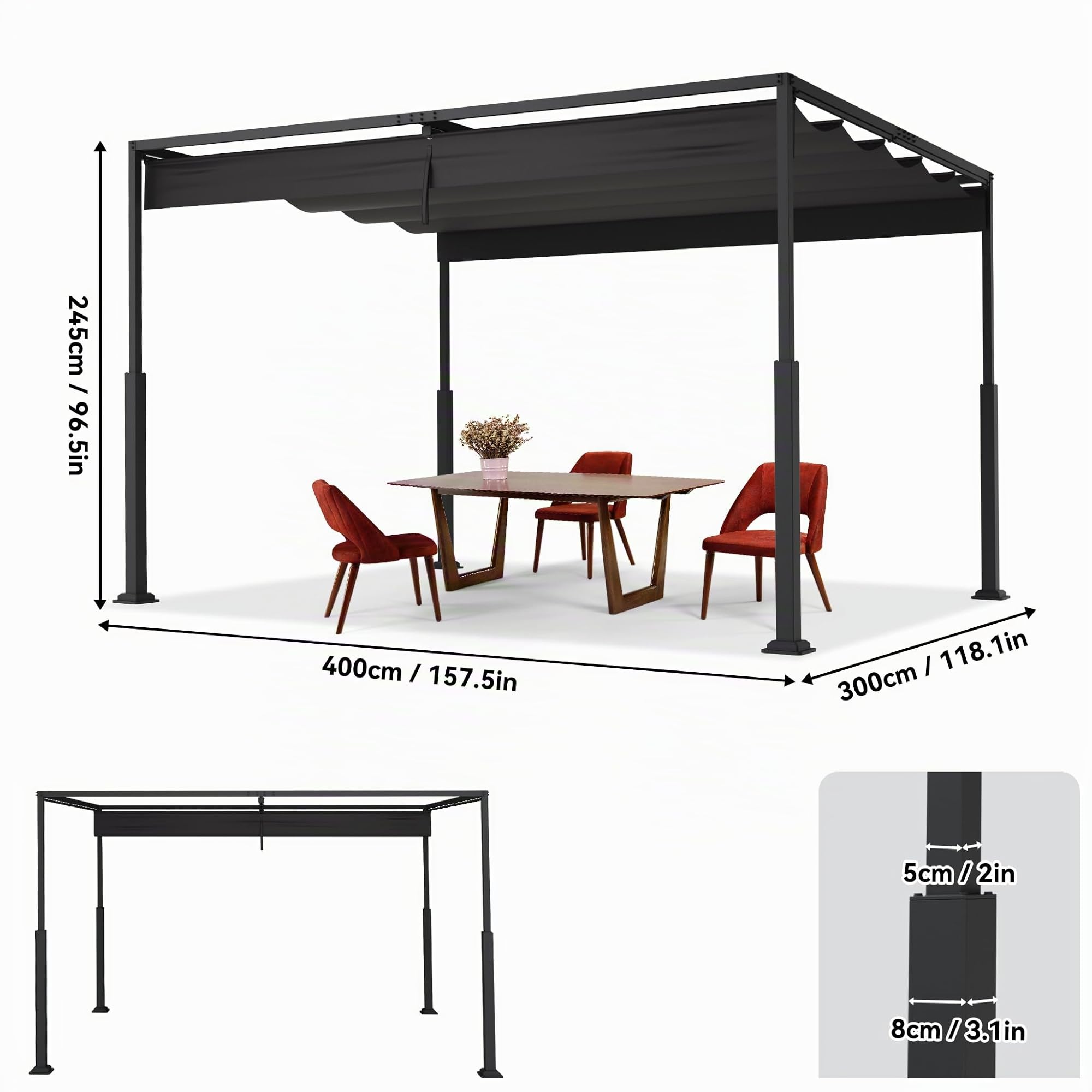 UISEBRT Pergola in Metallo, 3 x 4 m, Impermeabile, Stabile, Resistente all'Inverno, Gazebo con Tetto a Lamelle, Copertura Autoportante con Tetto Scorrevol, Protezione Solare per Giardini e Terrazzi