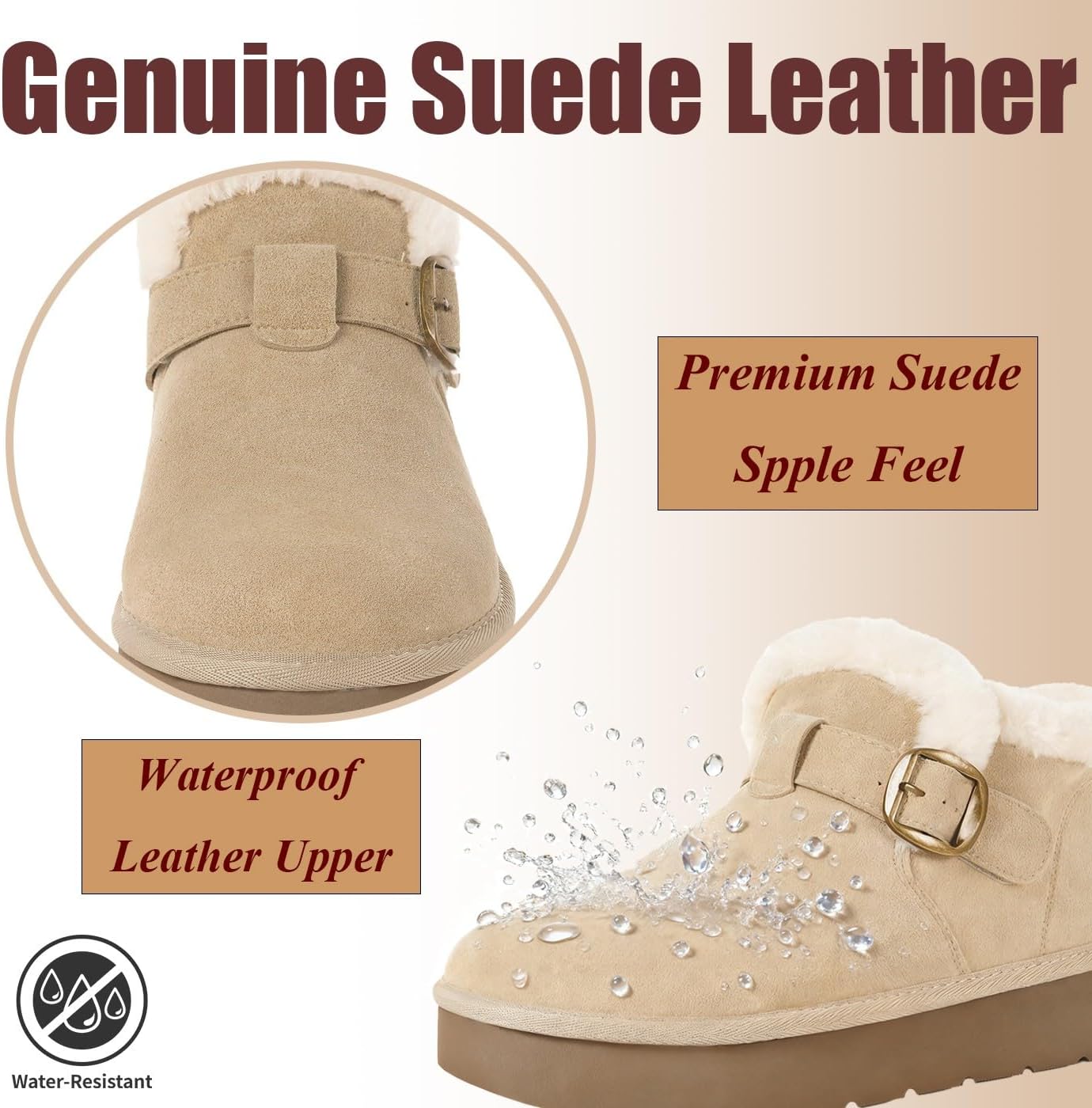 Hsyooes Womens Snow Boots Genuine Suede Leather Mini Boots Anti-Slip Outdoor Winter Ankle Booties Water Resistant Warm Faux Fur Lining,Apricot,40