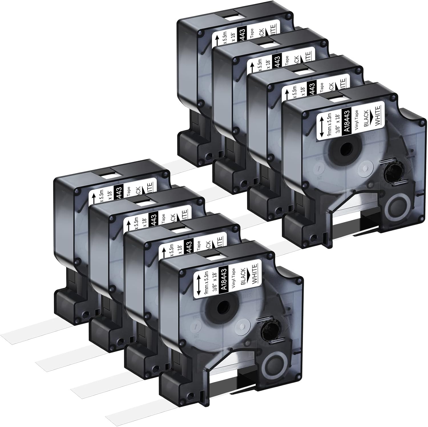 8 Pack Compatible for Dymo Rhino 18443 3/8" 9mm Black on White Vinyl Permanent Industrial Label Tape for Rhino 1000 3000 4200 5000 5200 6000 and 3M Label Maker