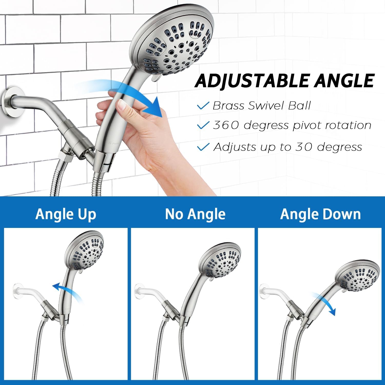 G-Promise High Pressure Shower Head 6 Spray Setting with Adjustable Solid Brass Shower Arm Mount and Extra Long Flexible Stainless Steel Hose (Brushed Nickel)