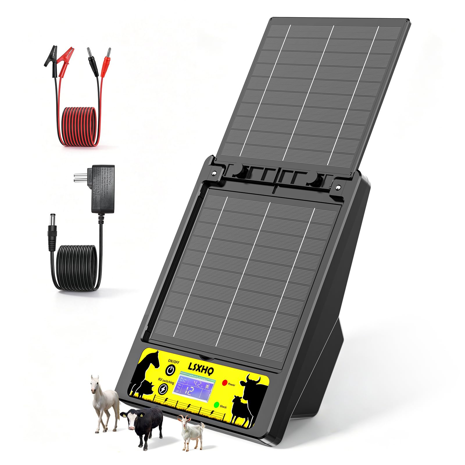 Elettrificatore per Recinti Solare per Portata 32 KM, Batteria al Litio 18000mAh, Elettrificatore con Pannello Solare 10W, 0.3-2J, 6KV-12KV Regolabile, Protezione per Pollame, Bestiame (Nero)