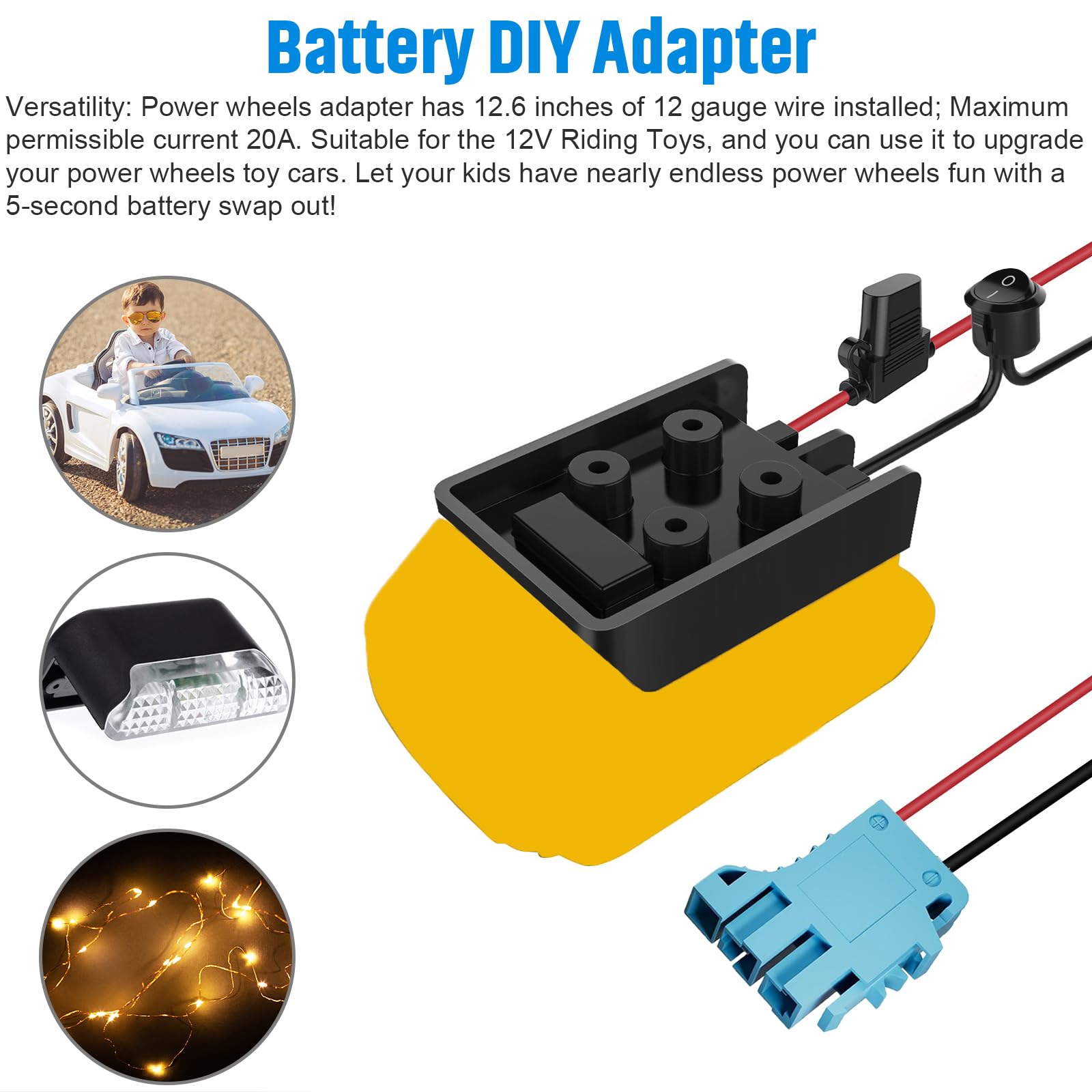 Power Wheel Adapter with Fuse&Switch, Secure Battery Adapter for 20V Lithium Battery, with 12 Gauge Wire&Wire Harness Connector, Good Power Convertor for Peg-Perego Children Ride-on Cars