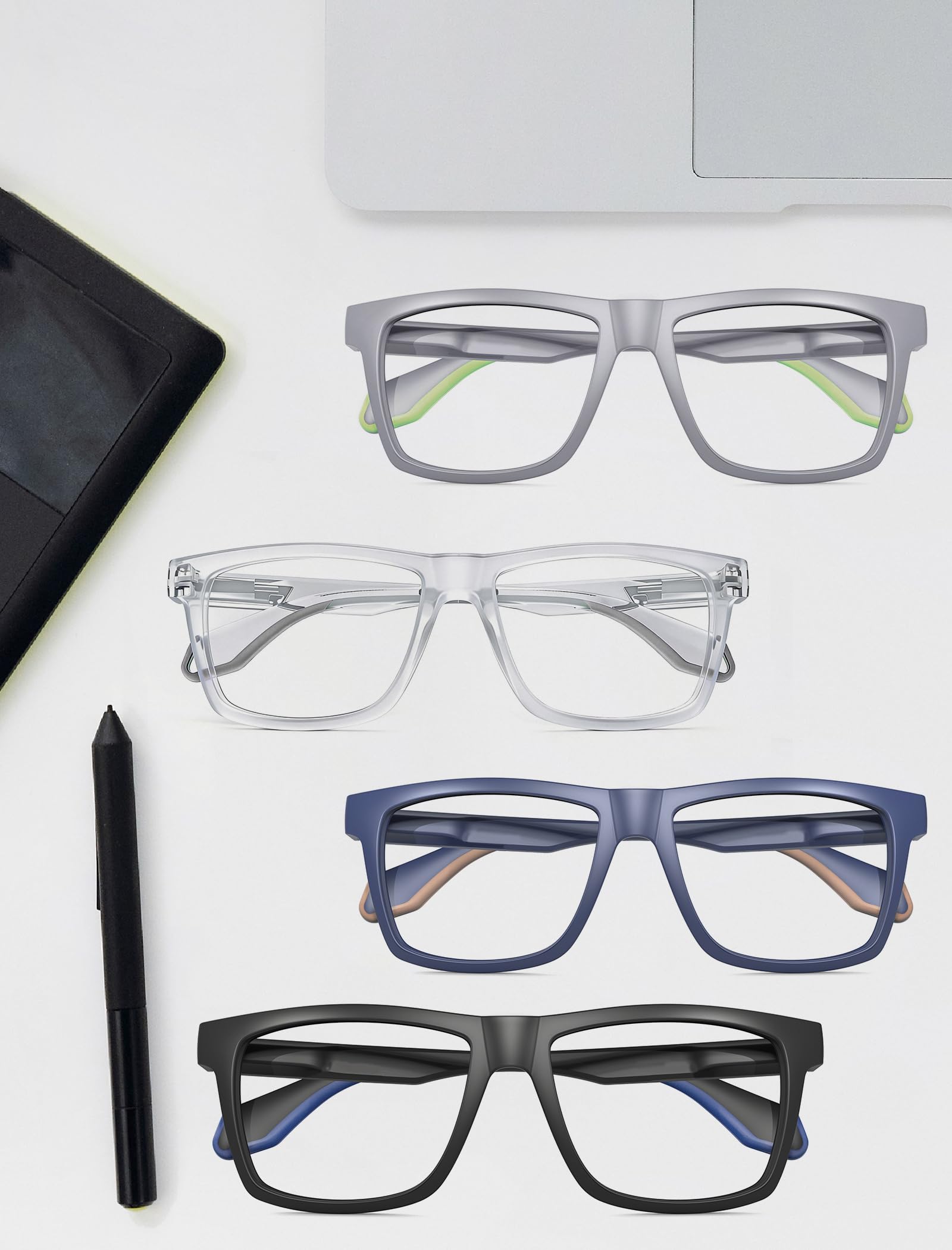 MODFANS Varillas de Goma,Un Pack de 4 Gafas de Lectura Hombres Anti Luz Azul,Lente Clara,Vision Clara,Ligeras Comodas,Colores Mezclados