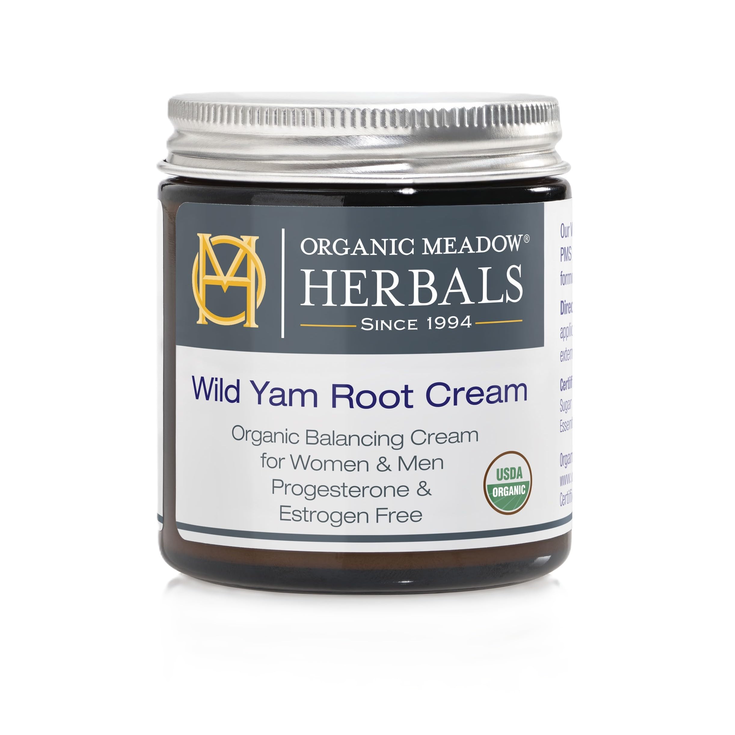 Organic Meadow Herbals Wild Yam Root Cream - USDA Certified Organic Balancing Cream for PMS & Menopause Relief - Estrogen & Progesterone-Free, Handmade, Woman-Owned & Operated Since 1994 (4 oz)