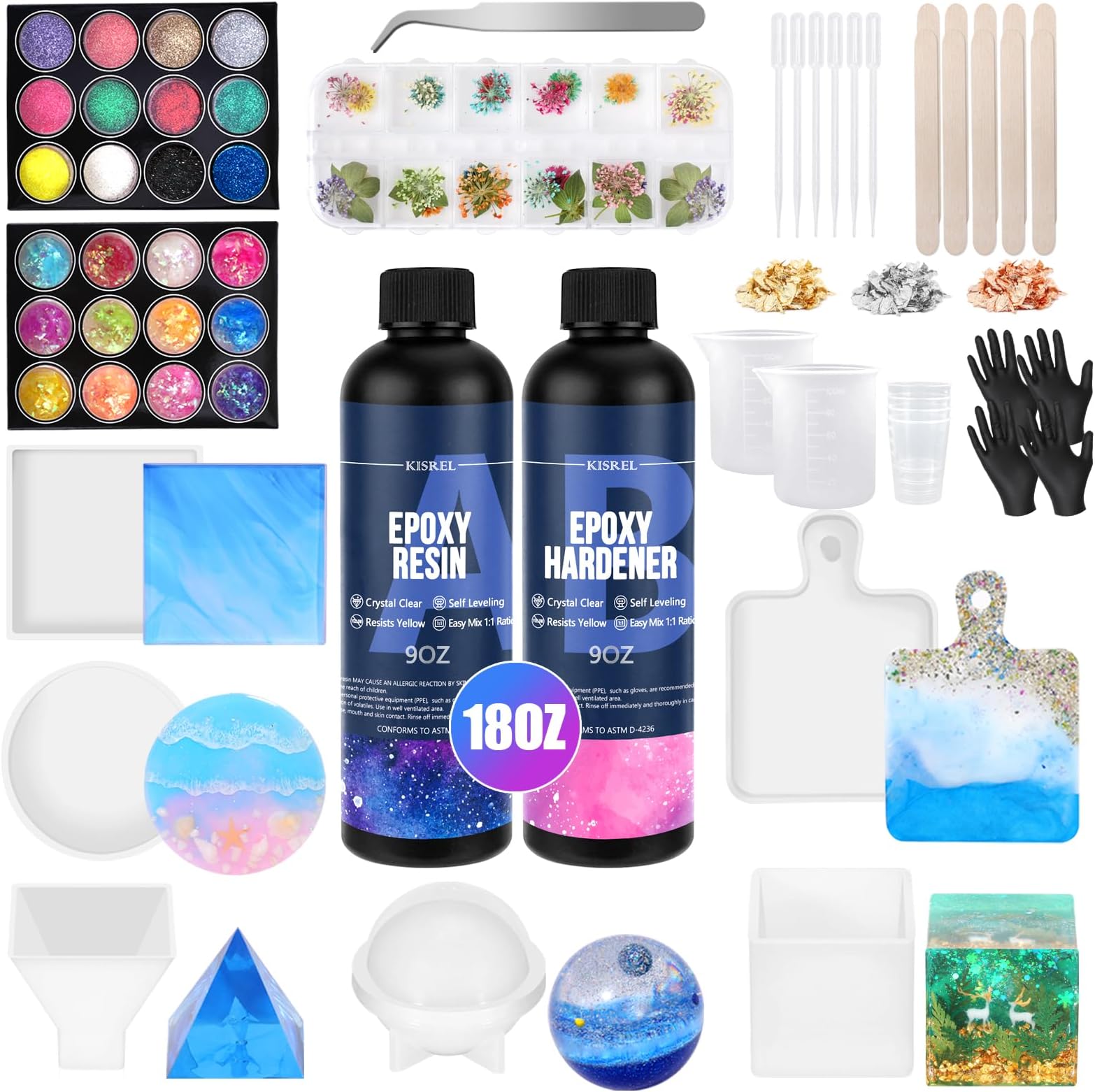 KISREL EPOXY KIT AND MOLD COMPLETE SET 64 OZ RESIN MOLD SILICONE KIT BUNDLE SPhere, Pyramid Mold, Resin Epoxy Starter Kit Beginner Resin Casting