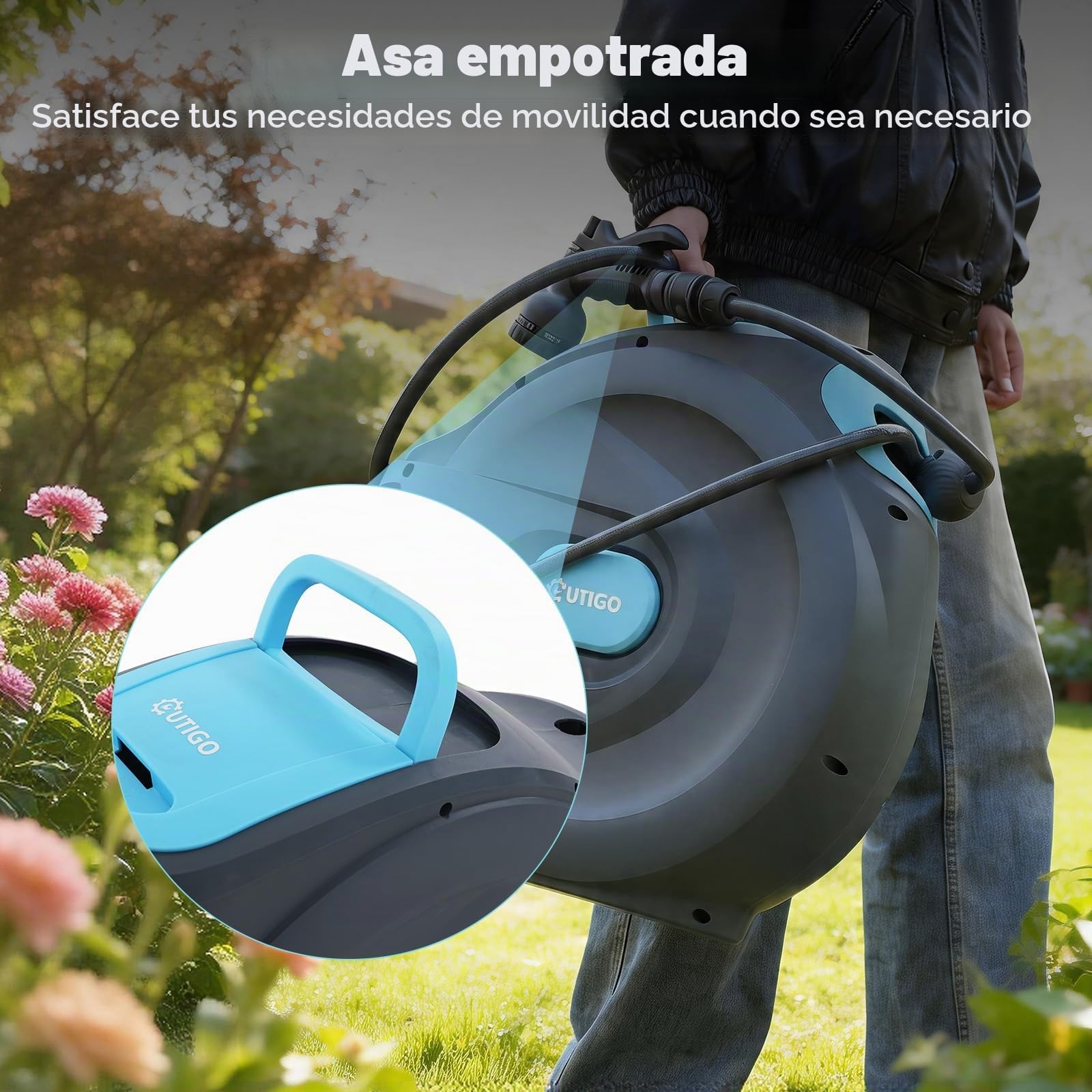 OUTIGO Carrete de Manguera 35m, Rebobinado Automático con Cierre y Soporte Giratorio de 180°, Devanador de Manguera de Agua con Boquilla de 8 Modos para Regar el Jardín y Limpiar e