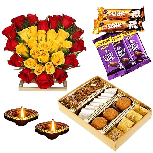 Bigwishbox | Diwali Gifts | Fresh Flowers Bouquet Heartshape | Mithai Mix Sweet Box 500g | Chocolates Bars Assorted 05 | Diyas 02 | Next Day Delivery