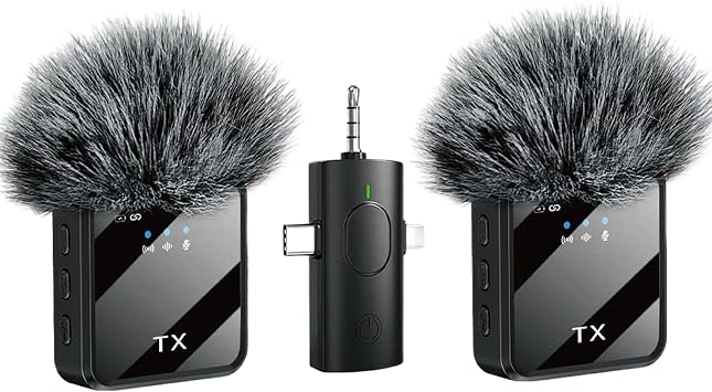 Wireless Microphones, 3 in 1 Lavalier Microphone with Noise Cancellation 3.5 mm Microphone 2 Pack Mini LED Display Mic for Interview, ASMR, Video and Podcasting