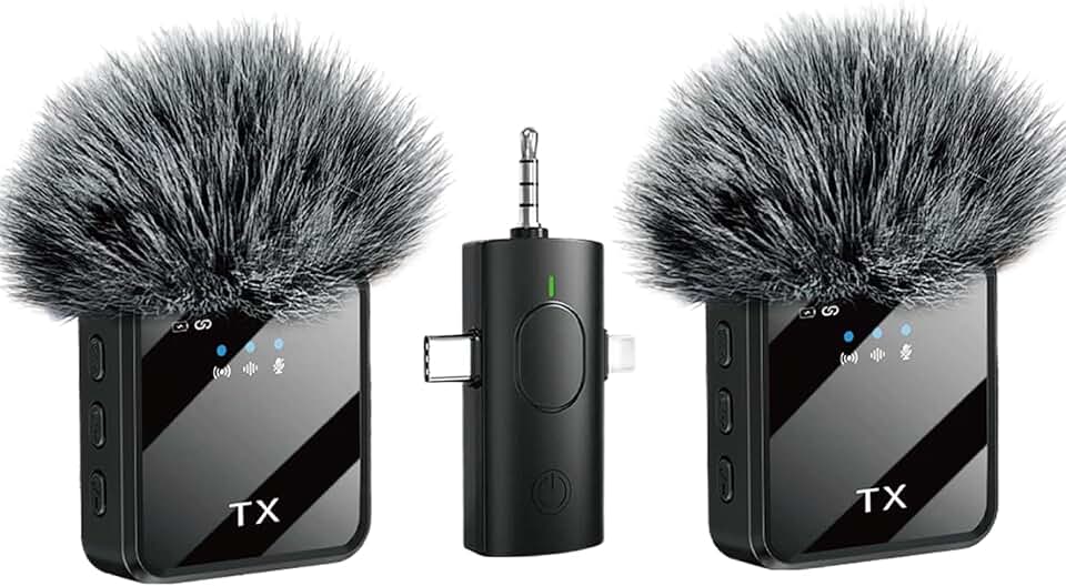 Wireless Microphones, 3 in 1 Lavalier Microphone with Noise Cancellation 3.5 mm Microphone 2 Pack Mini LED Display Mic for Intervi