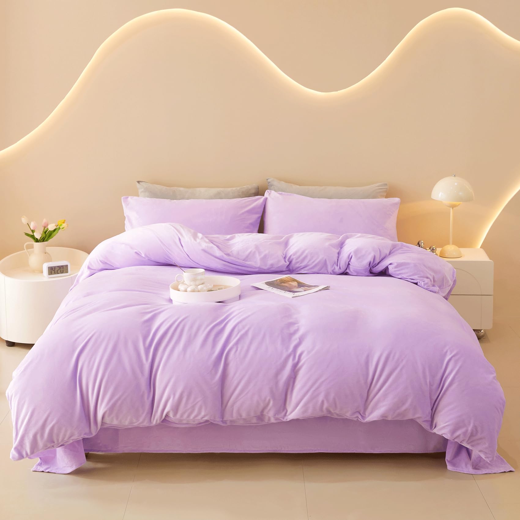 FOPPA Lilac Velvet Duvet Cover Queen Set - Ultra Soft Lilac Bedding Sets 3 Pieces (1 Duvet Cover + 2 Pillow Cases) Comforter Cover Set