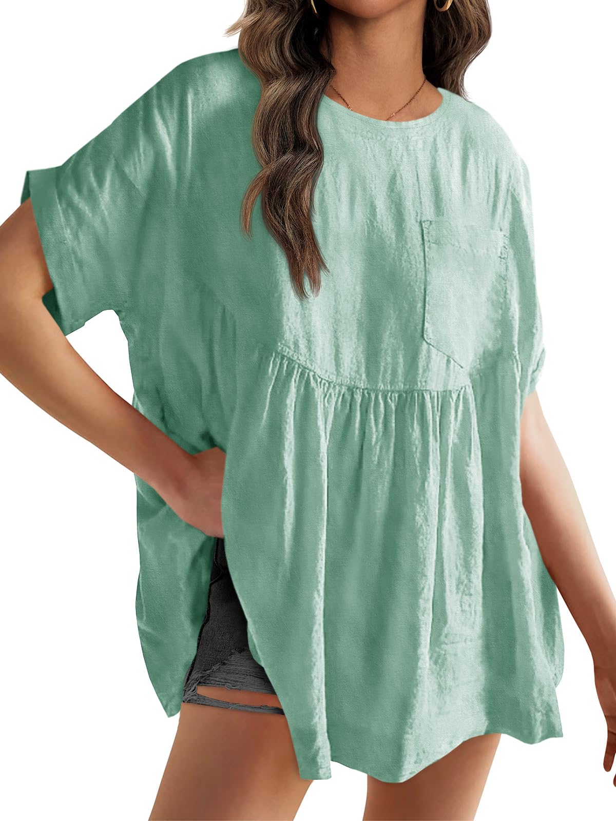 Tankaneo Womens Summer Babydoll Tops Casual Loose Fit Peplum Oversized Tunic Shirts