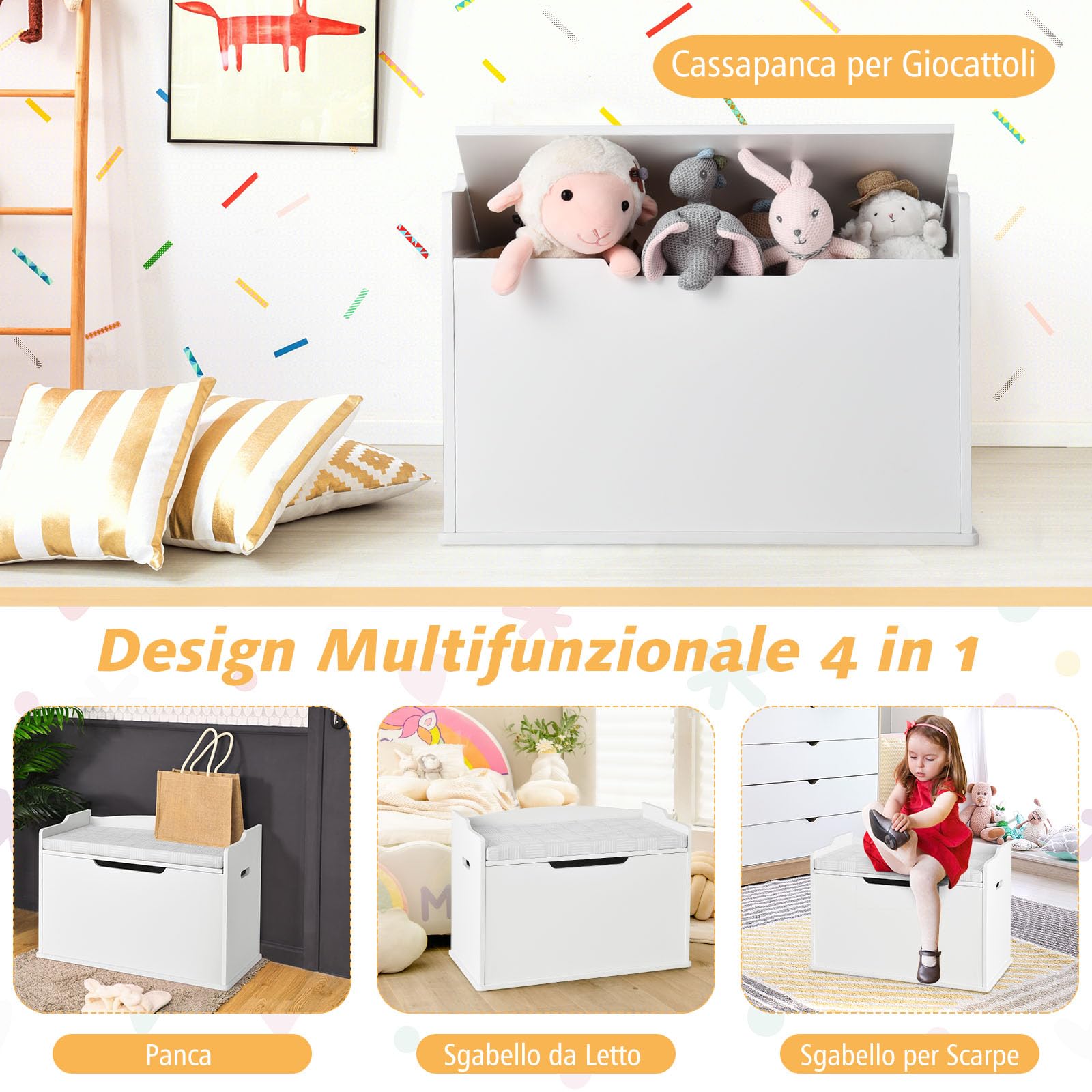 GYMAX Scatola Porta Giochi in Legno, Contenitore per Giocattoli con Coperchio Sollevabile, Panchina con Cuscino, Grande Capacità, Maniglie Incorporate, 74 x 39 x 52 cm (Bianco)