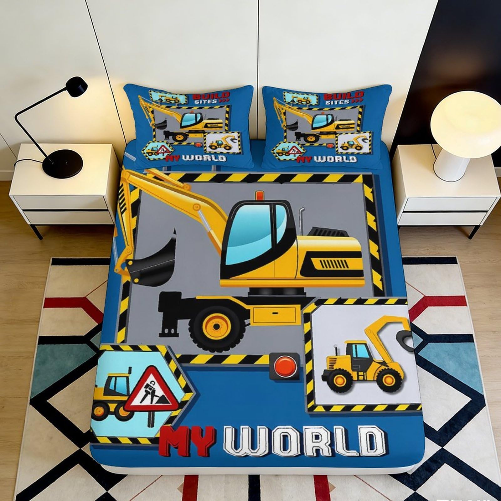 3D Printed Construction Theme Fitted Sheet Microfiber Deep Pocket Digger Mattress Fitted Cover Non-Slip Home Bedding 120x200x25cm