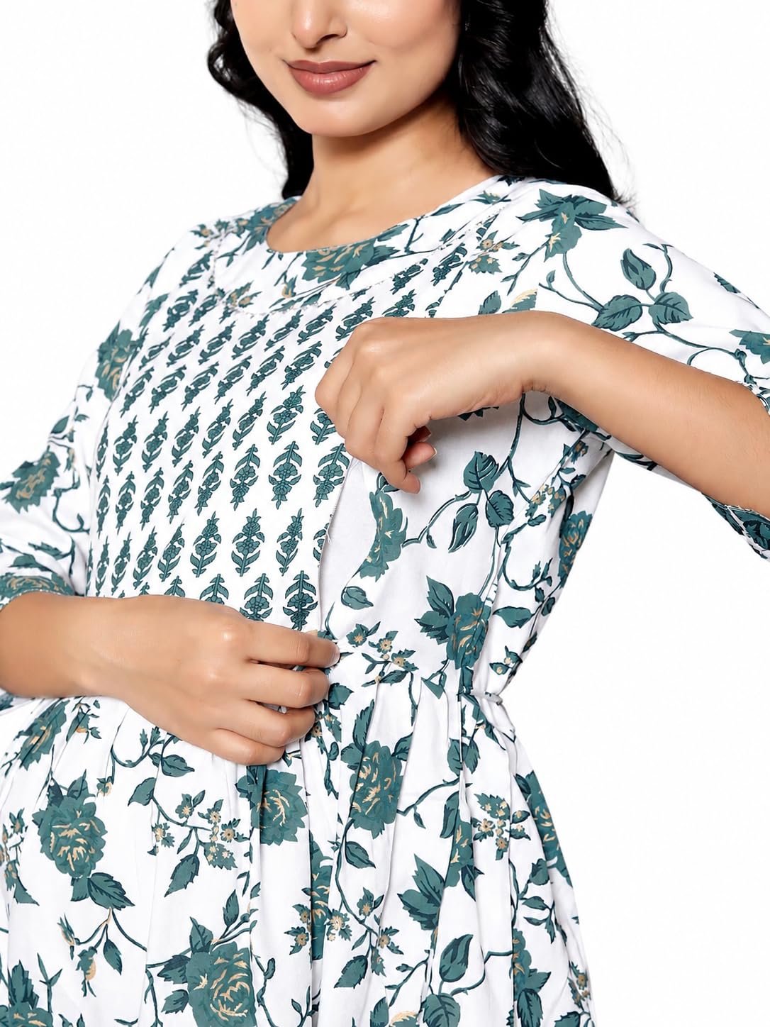 velnira Women's Maternity Printed Rayon Dress | Pregnancy & Feeding Wear | Soft Comfortable Casual Dress | Floral Print | Regular Fit (White)-picture-32