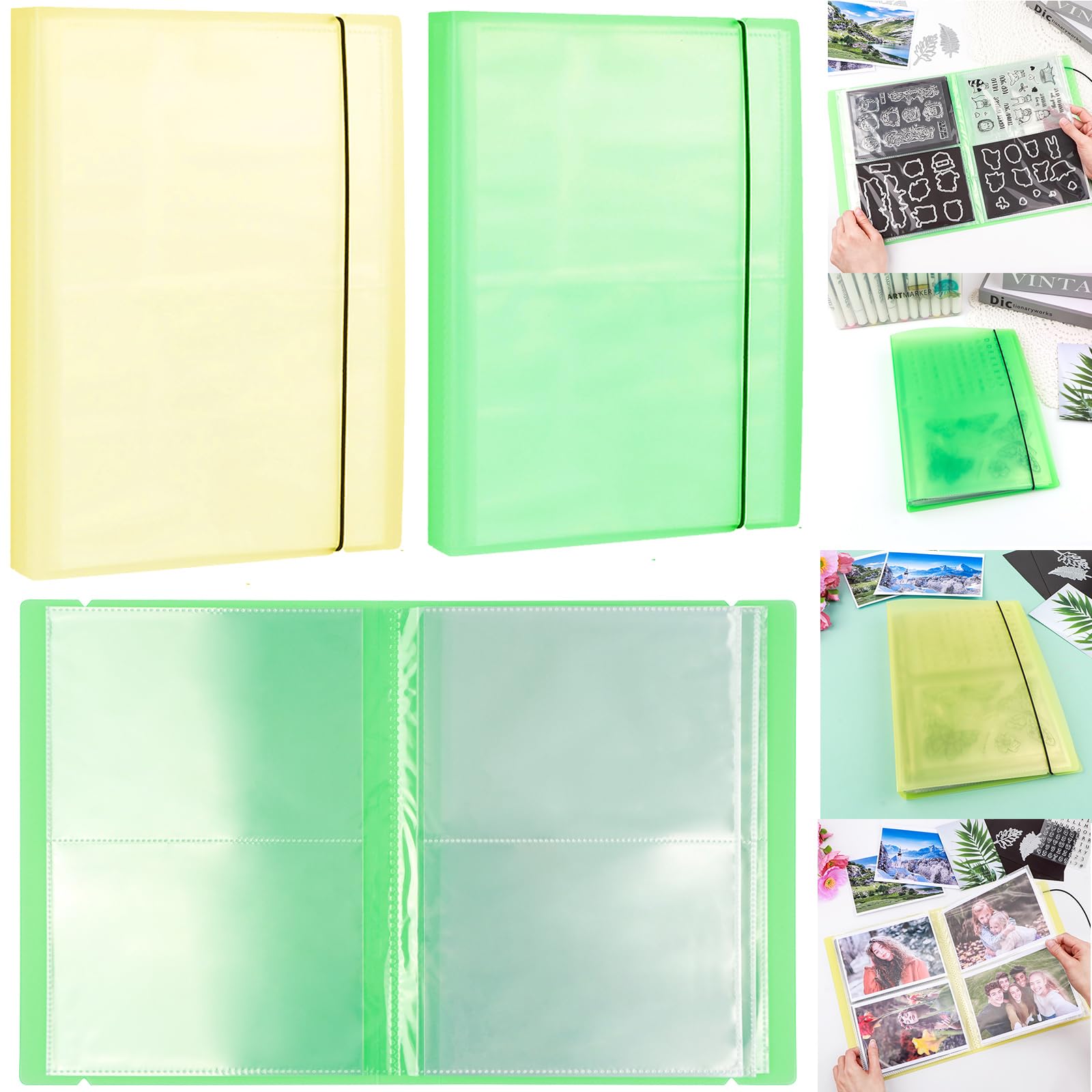 2 Pack Large Sticker Photo Storage Album, Stamp &amp; Cutting Dies Storage Book Organizer Folder for Cards Storage DIY Scrapbooking Card Making Supplies 20 Pages 80 Pockets/Pack (Yellow + Green)