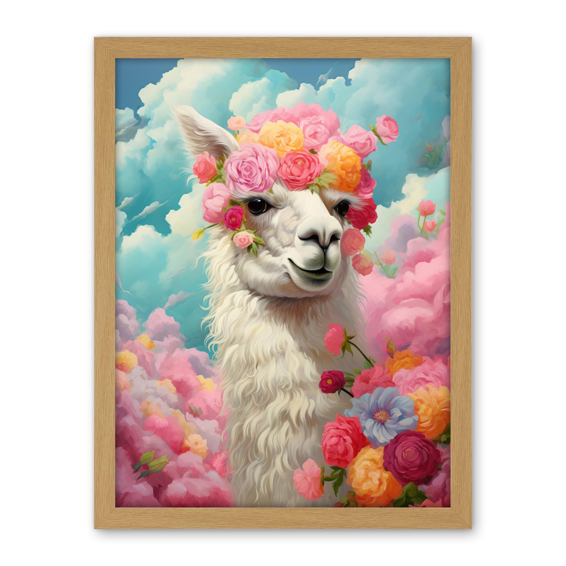 Artery8 Head in the Clouds Conceptual Artwork Fabulous Carefree Llama with Rose Flower Headband Kids Room Artwork Framed Wall Art Print 18X24 Inch
