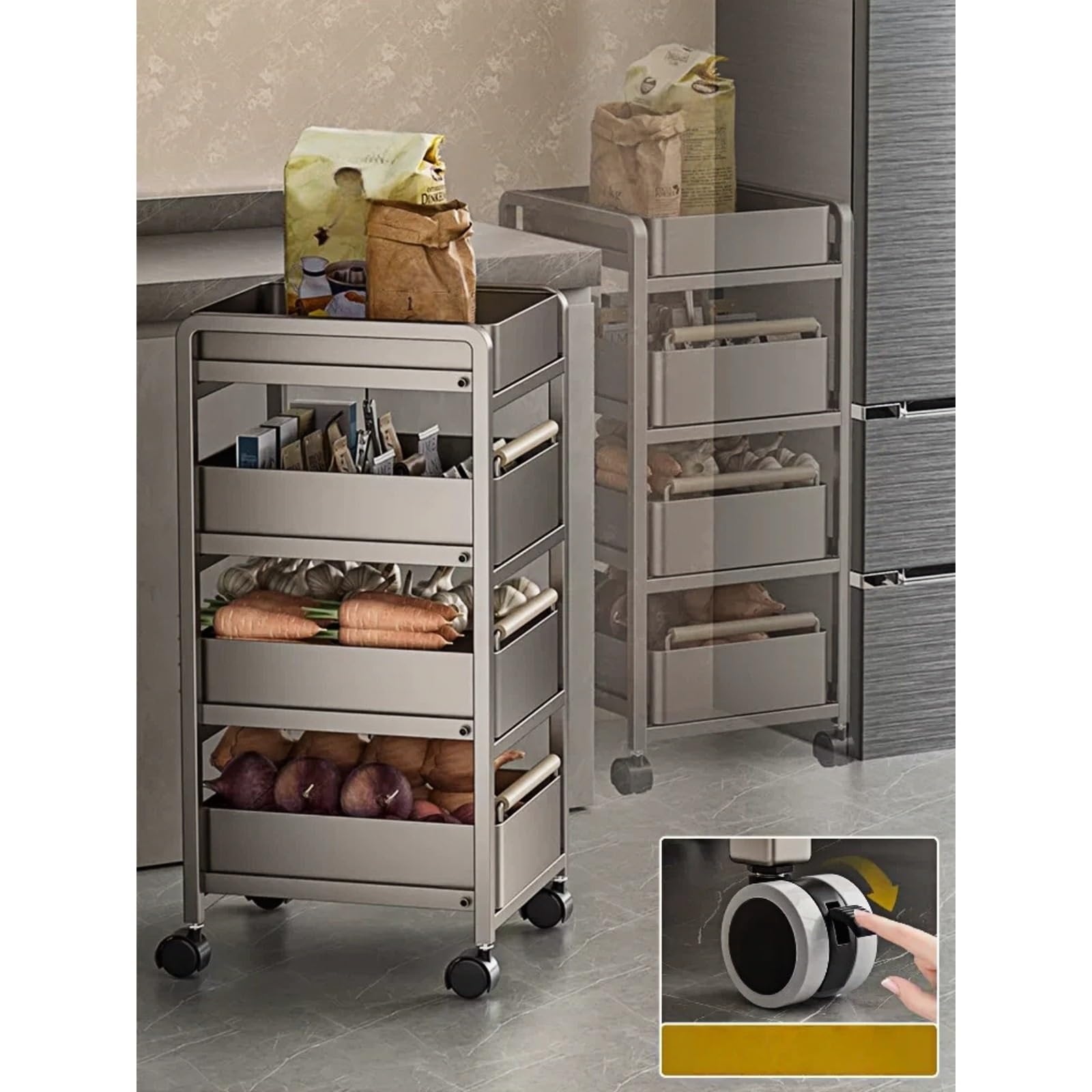 Almacenamiento Carro de Almacenamiento Cocina Varios Niveles, Estante Organizador Cesta Verduras rodante móvil(Negro,Grande)