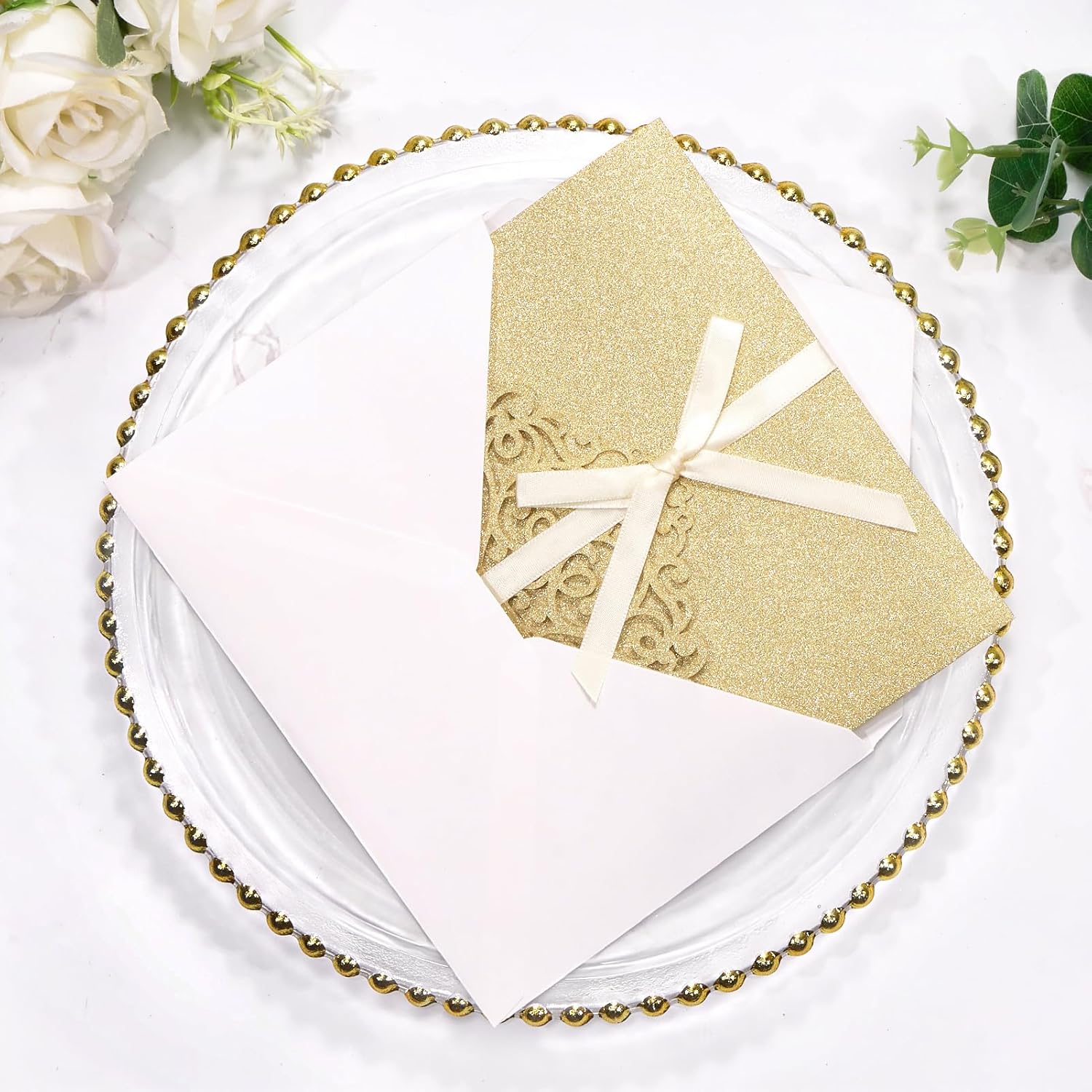 Gold Glitter Wedding Invitations Laser Cut, Blank Invitation Cards and RSVP Cards, with Ribbons Envelopes for Bridal Shower Engagement Birthday Quinceanera Party Invite, 25 PCS