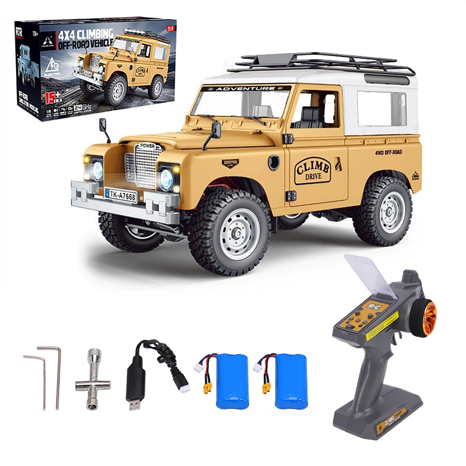 Hylukon 1/10 Scales RC Crawler, 2.4G 4WD Remote Control Truck with LED Lights 100m Range Indoors Outdoors, Openable Doors Simulated Off-Road RC Jeep for Teens Adults (Yellow)