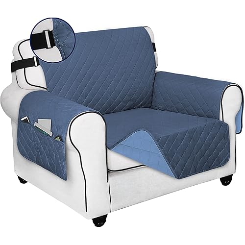 PureFit Reversible Sofa Cover Water Resistant Chair Couch Cover, Machine Washable Furniture Cover with Non-Slip Foam and Adjustable Strap for Dogs, Pets (Chair, Dark Blue/Light Blue)
