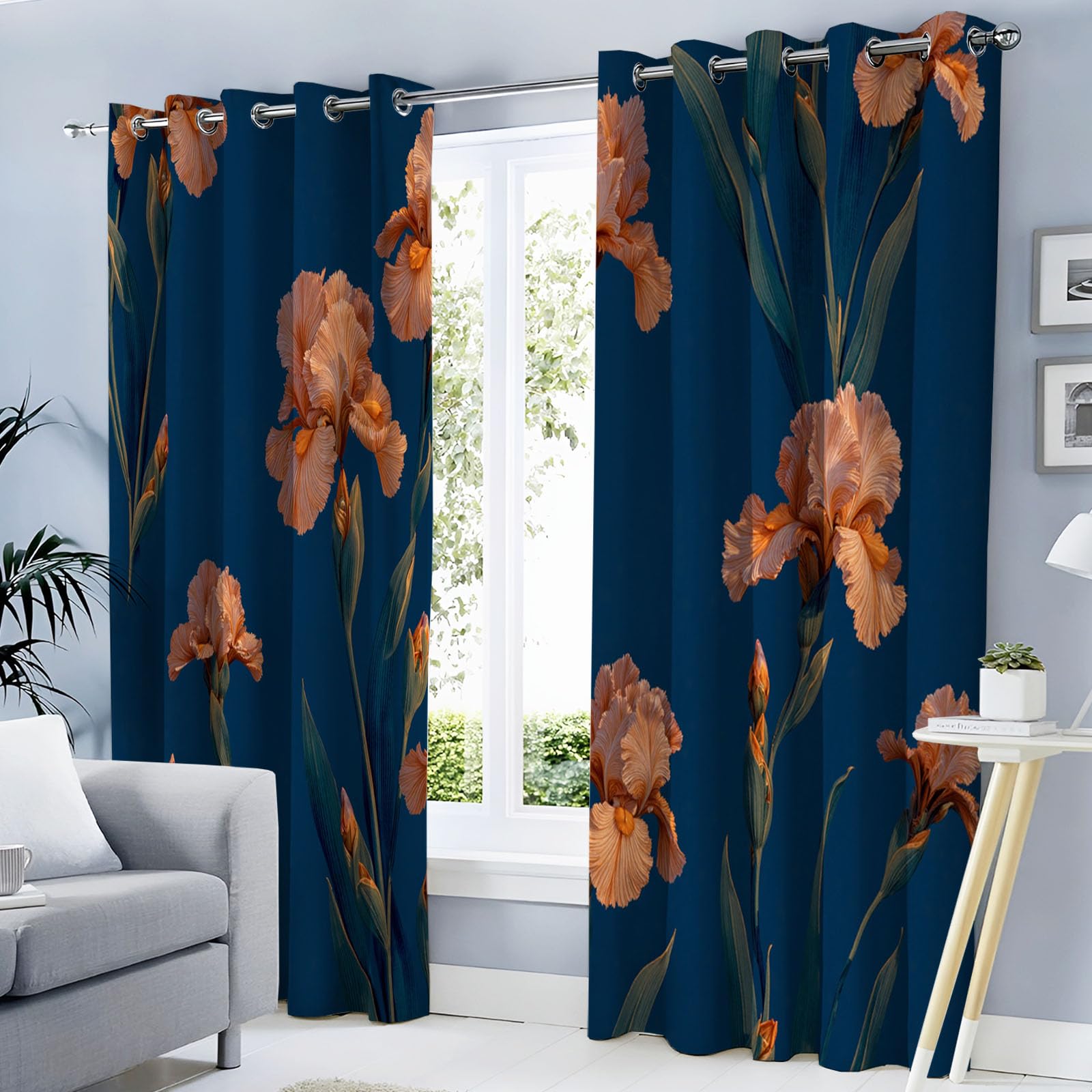 Rideau fleur bleu foncé 3D 140x225cm lot de 2 occultants imprimés iris pour la chambre