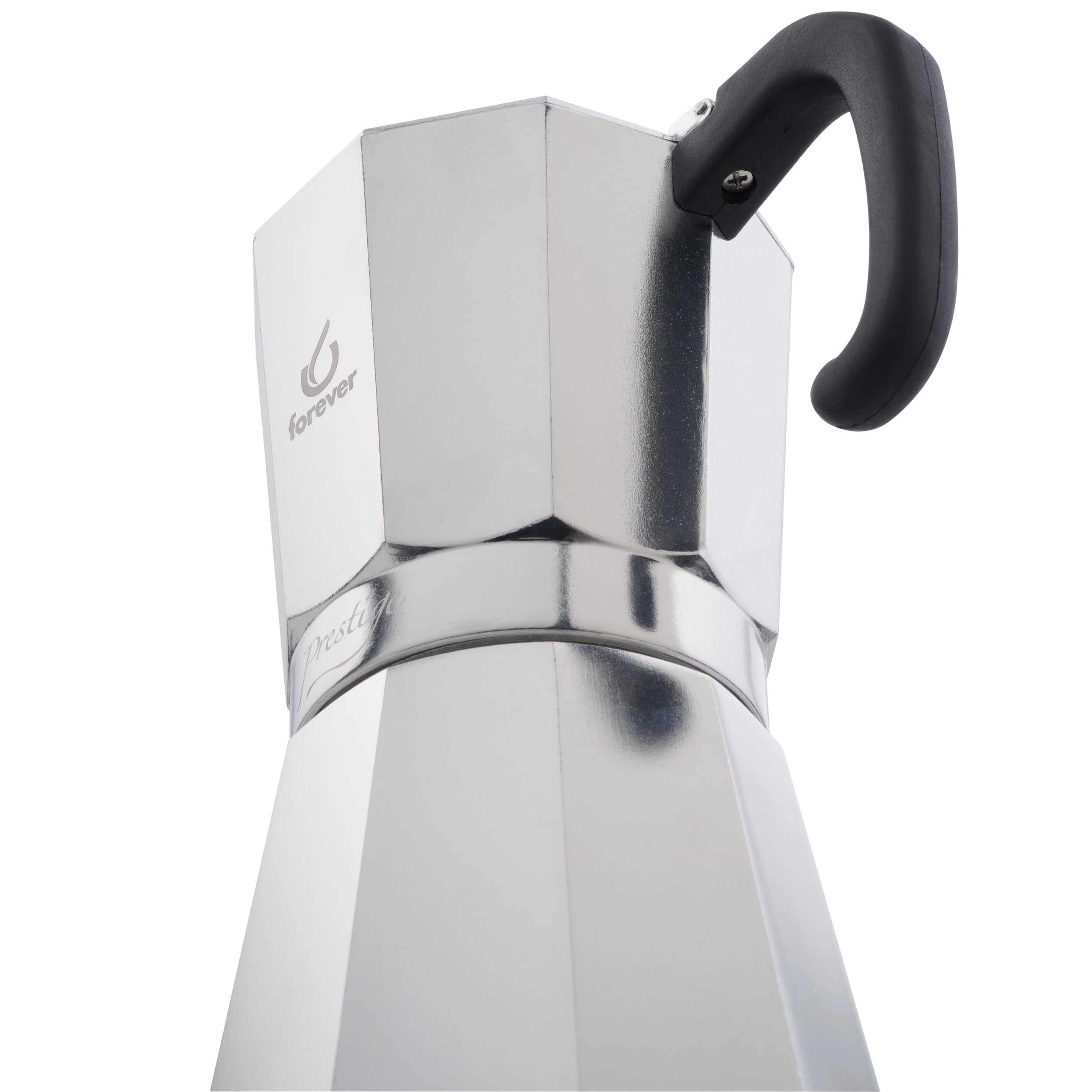 FOREVER Miss Moka Prestige 12 tazas | Cafetera Moka de aluminio | Máquina tradicional para casa, camping y exterior | Con junta de silicona higiénica de alta resistencia