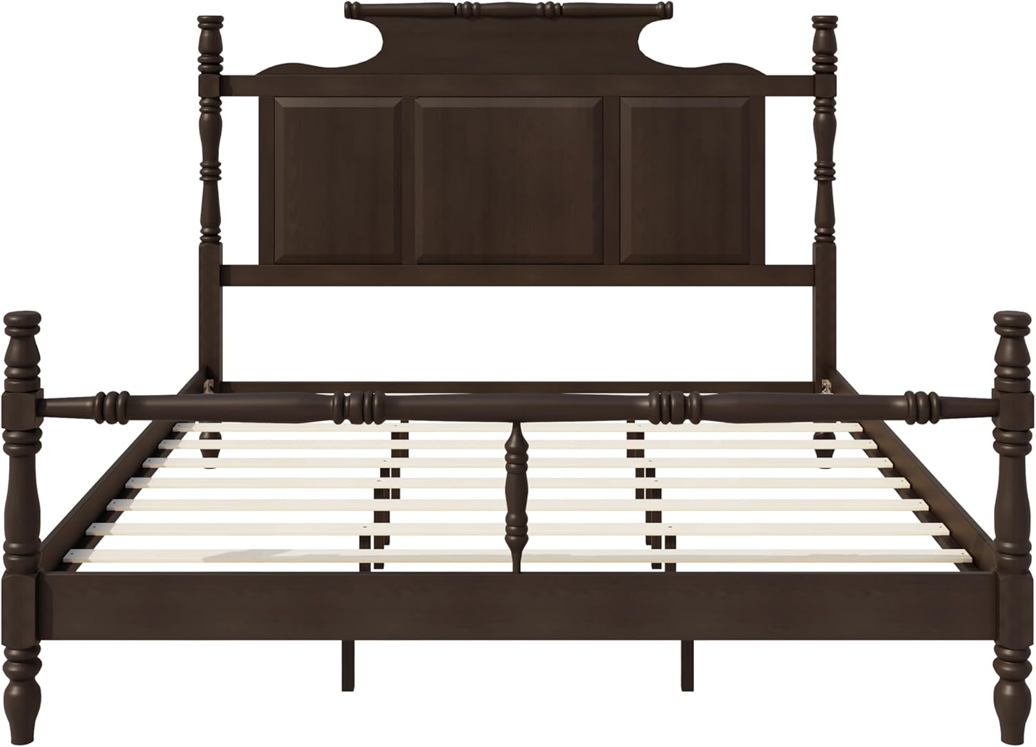 Angled view of the King Size Four Poster Platform Bed, showing the slat support system.