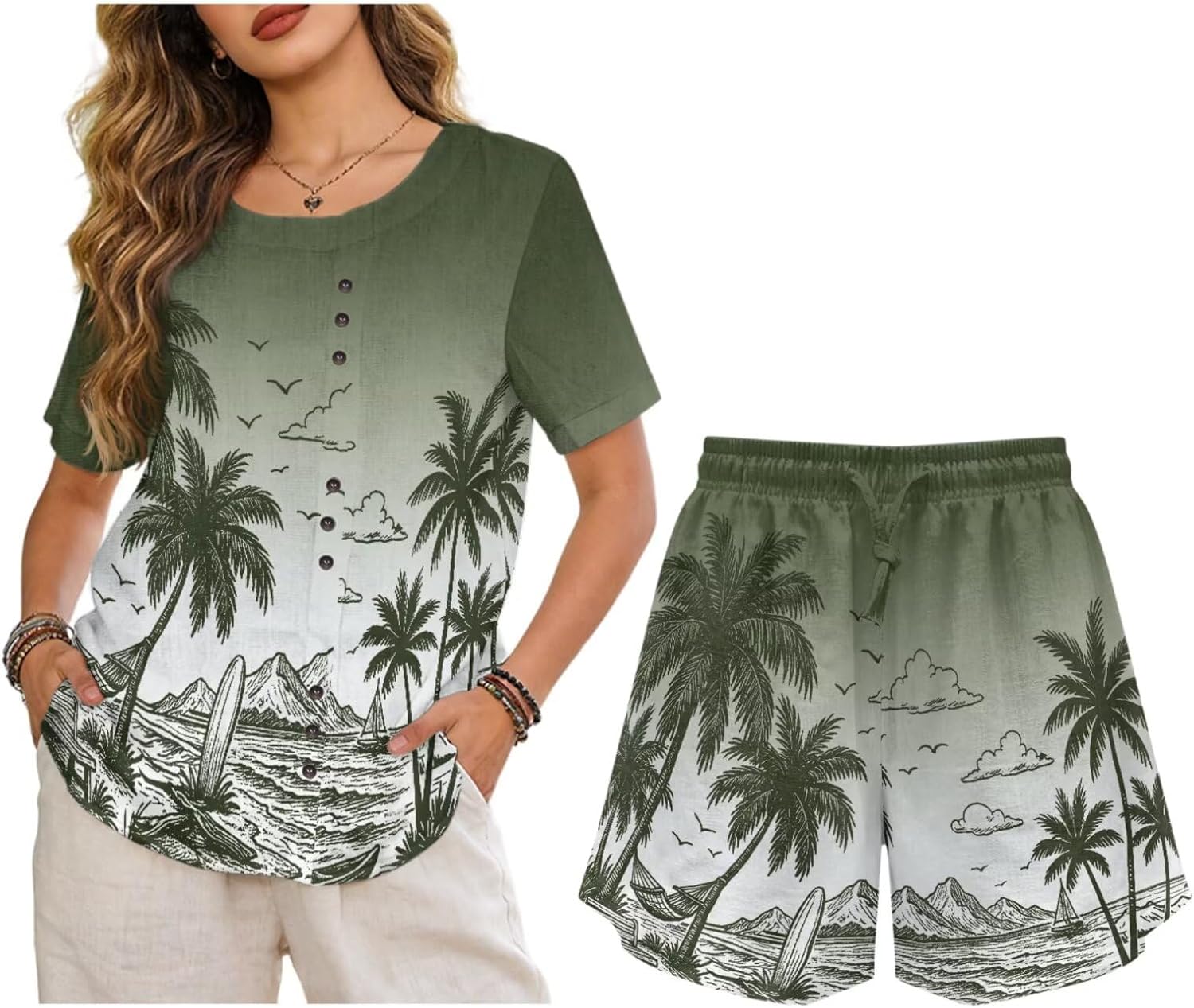 Women's Linen 2 Piece Outfits Tropical Vacation Shorts Sets Two Piece Shirts with Shorts Summer Sweatsuit Plus Size