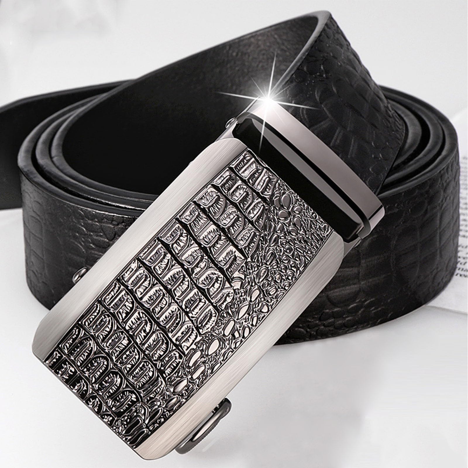 Cinturones Hombre Trinquete, Cinturones de Cuero Genuino Ajustable Negocio, Cinturón Lujo Casual Moda con Hebilla Metal Automática Grabada 3D en Aleación,Negro,120CM/47.3''