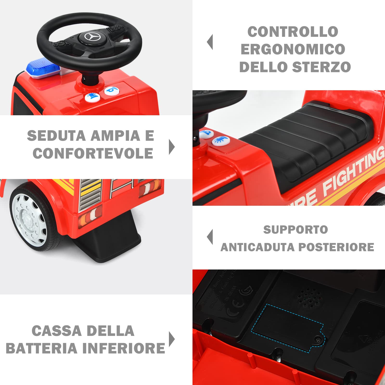 COSTWAY Camion dei Pompieri per Bambini, Macchinina Cavalcabile per Bambini, con Volante, Schienale, Macchina Cavalcabile con Piedi a Terra, Rosso