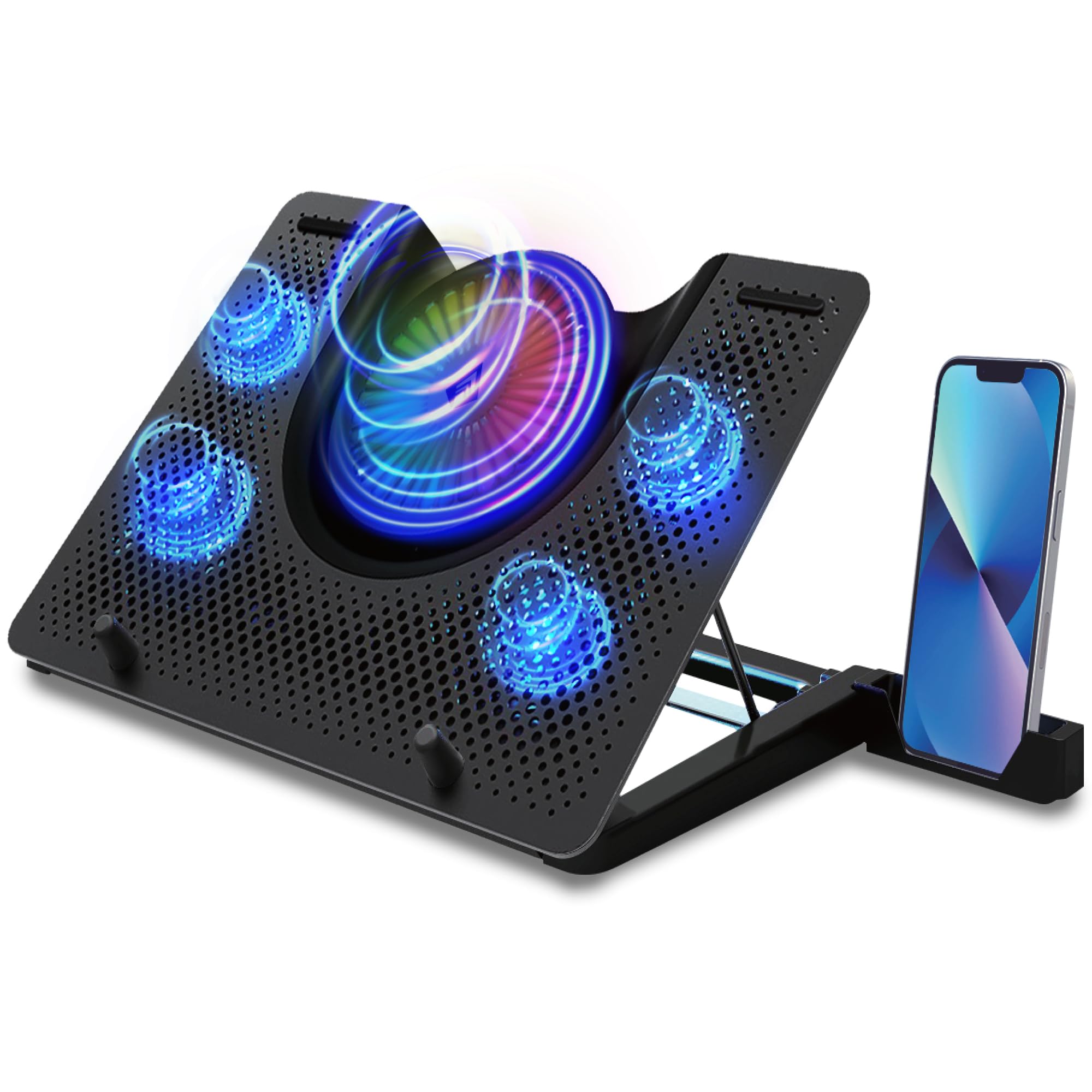 - Archer Tech Lab Cooling Pad Stand for Gaming Laptop with RGB Lighting, Aluminum Metal Grid, 5 Turbo Cooler Fans, 5 Adjustable Angles, Phone Holder, Supports upto 17" Laptop for Gaming Work(Squall 100)