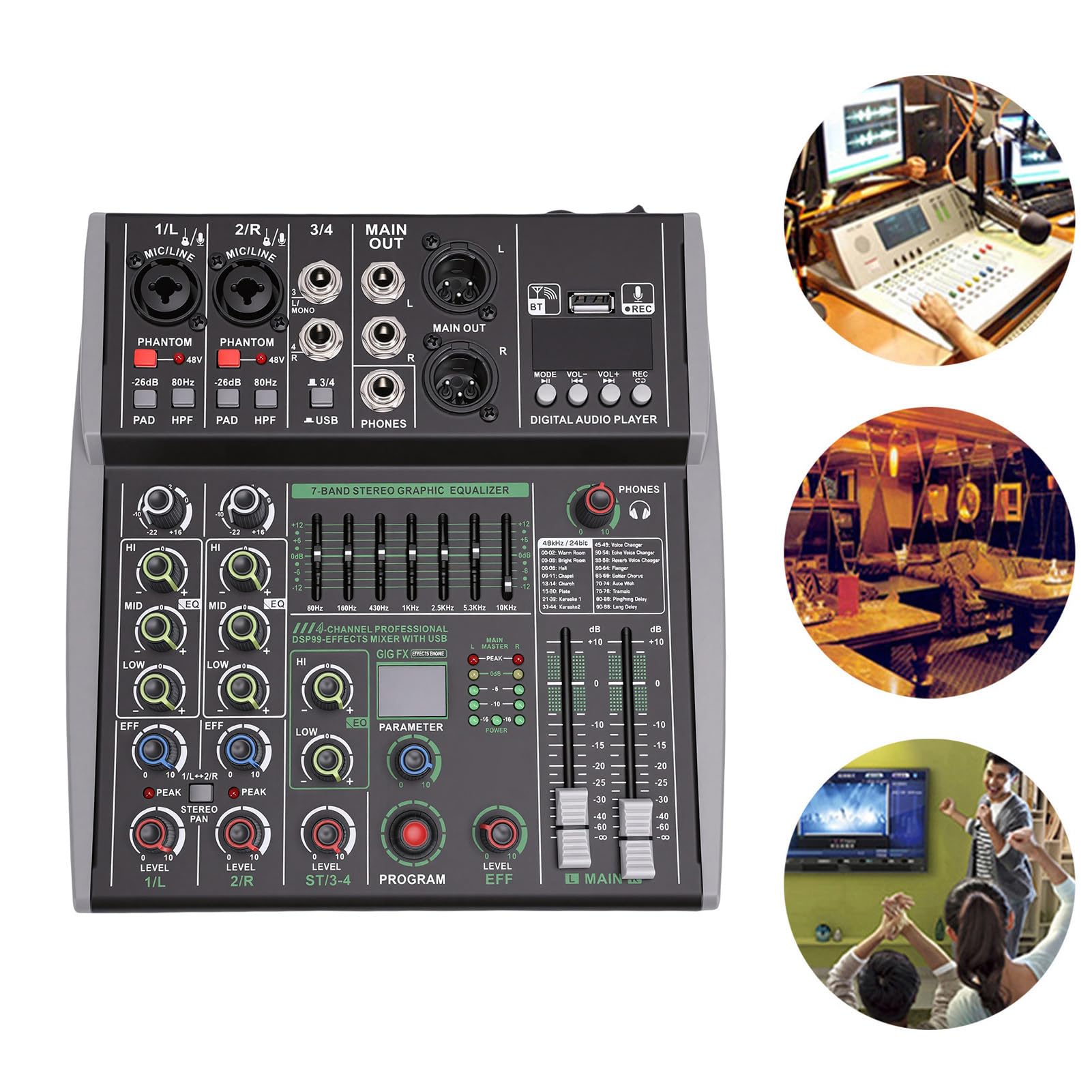 Annadue 4-kanałowy Mikser DJ-ski Bluetooth z 99 Efektami, 7-pasmowym Korektorem, Zasilaniem 48 V, Wejściem USB MP3 do Komputera do Nagrywania na żywo Podcastów Karaoke (wtyczka UE)